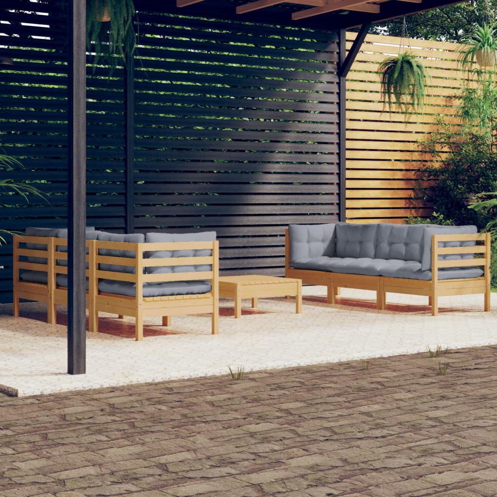 7 Pcs conjunto lounge de jardim c/ almofadões cinzentos pinho