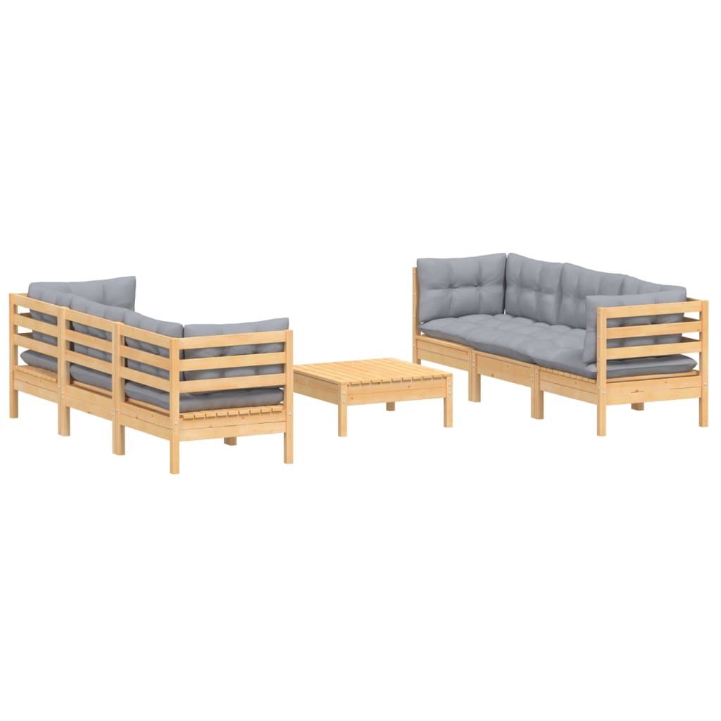 7 Pcs conjunto lounge de jardim c/ almofadões cinzentos pinho