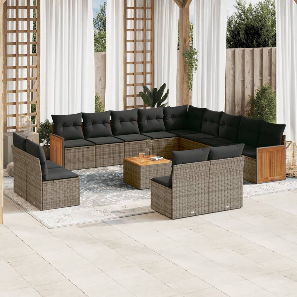 14 Pcs conjunto sofás p/ jardim c/ almofadões vime PE cinzento