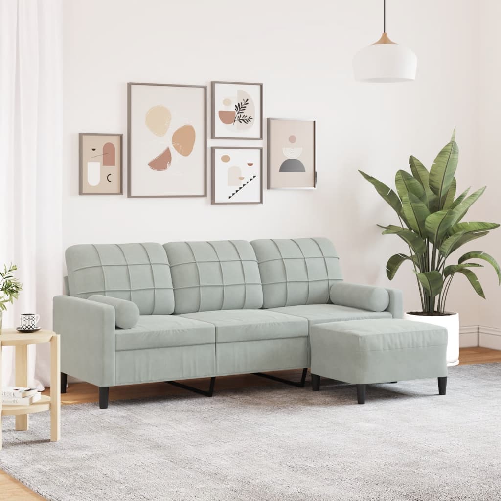 Sofá de 3 lugares com apoio de pés 180 cm veludo cinzento-claro