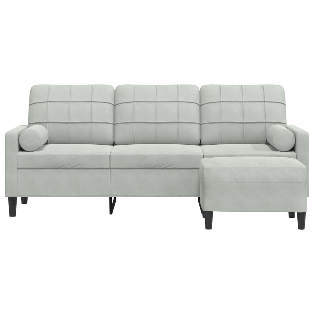 Sofá de 3 lugares com apoio de pés 180 cm veludo cinzento-claro