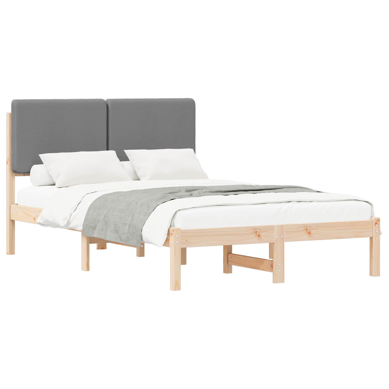 Estrutura de cama com cabeceira estofada cinzento-claro