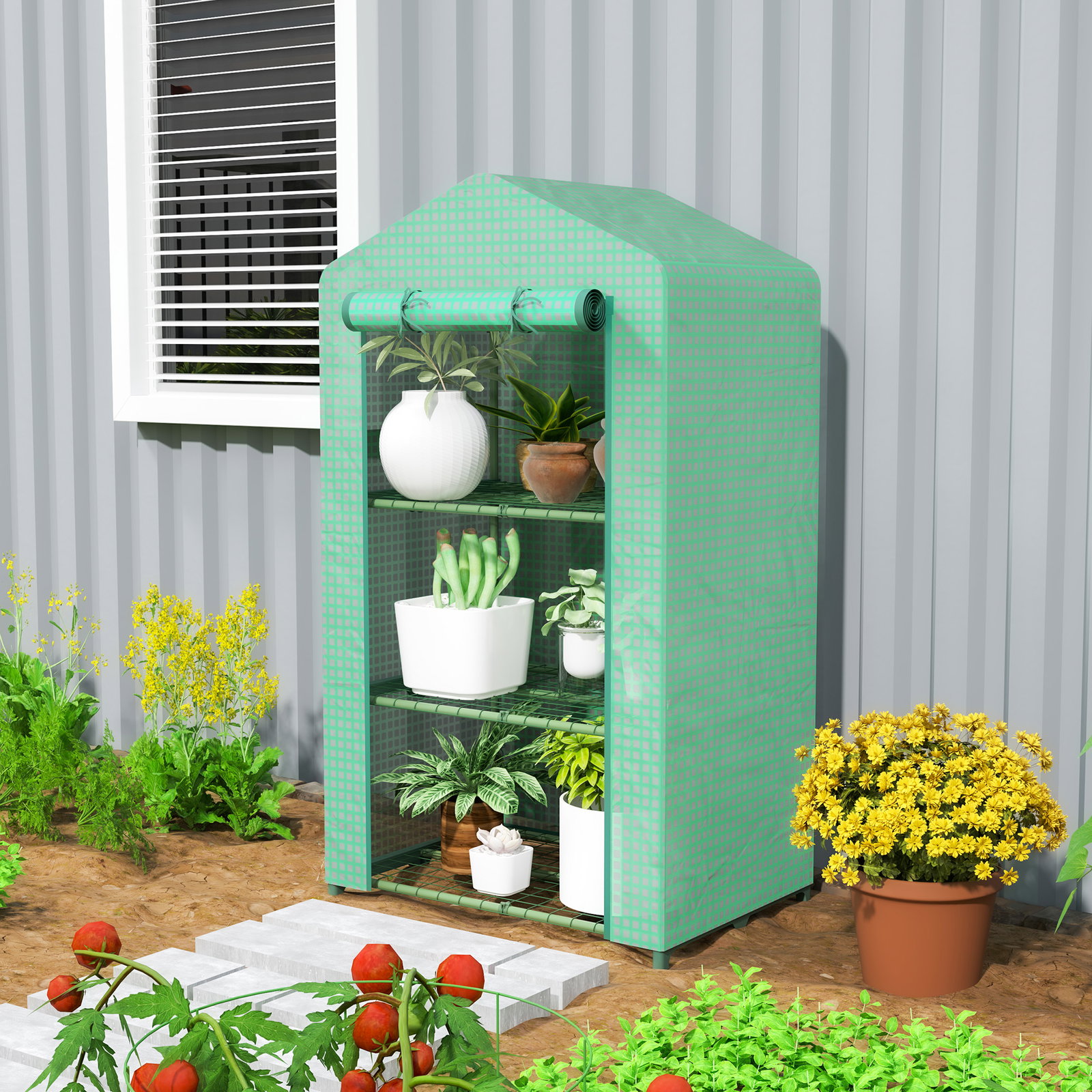 Estufa de jardim de 3 níveis porta enrolável estrutura metálica cobertura de PE anti-UV 69x49x125 cm verde