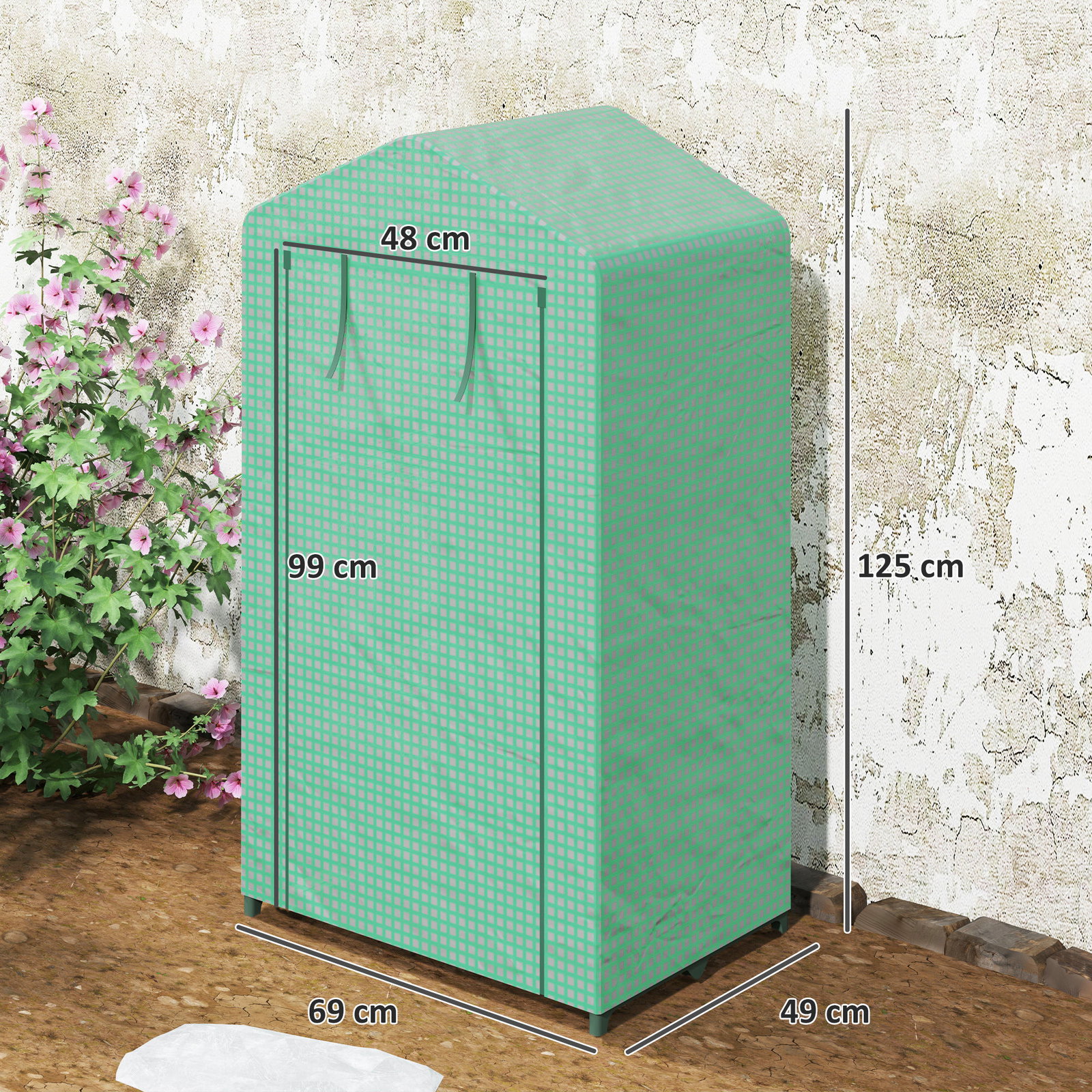 Estufa de jardim de 3 níveis porta enrolável estrutura metálica cobertura de PE anti-UV 69x49x125 cm verde