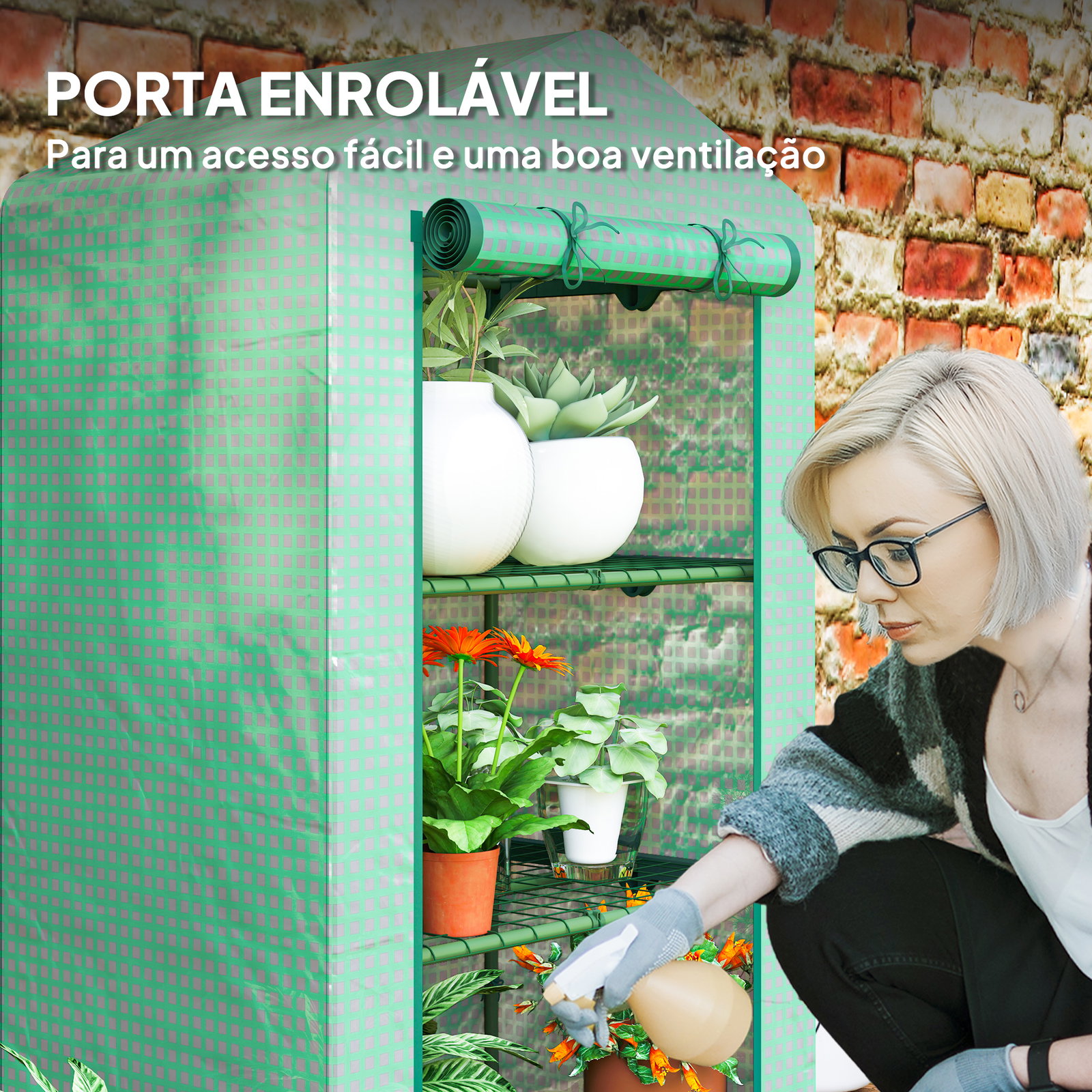 Estufa de jardim de 3 níveis porta enrolável estrutura metálica cobertura de PE anti-UV 69x49x125 cm verde