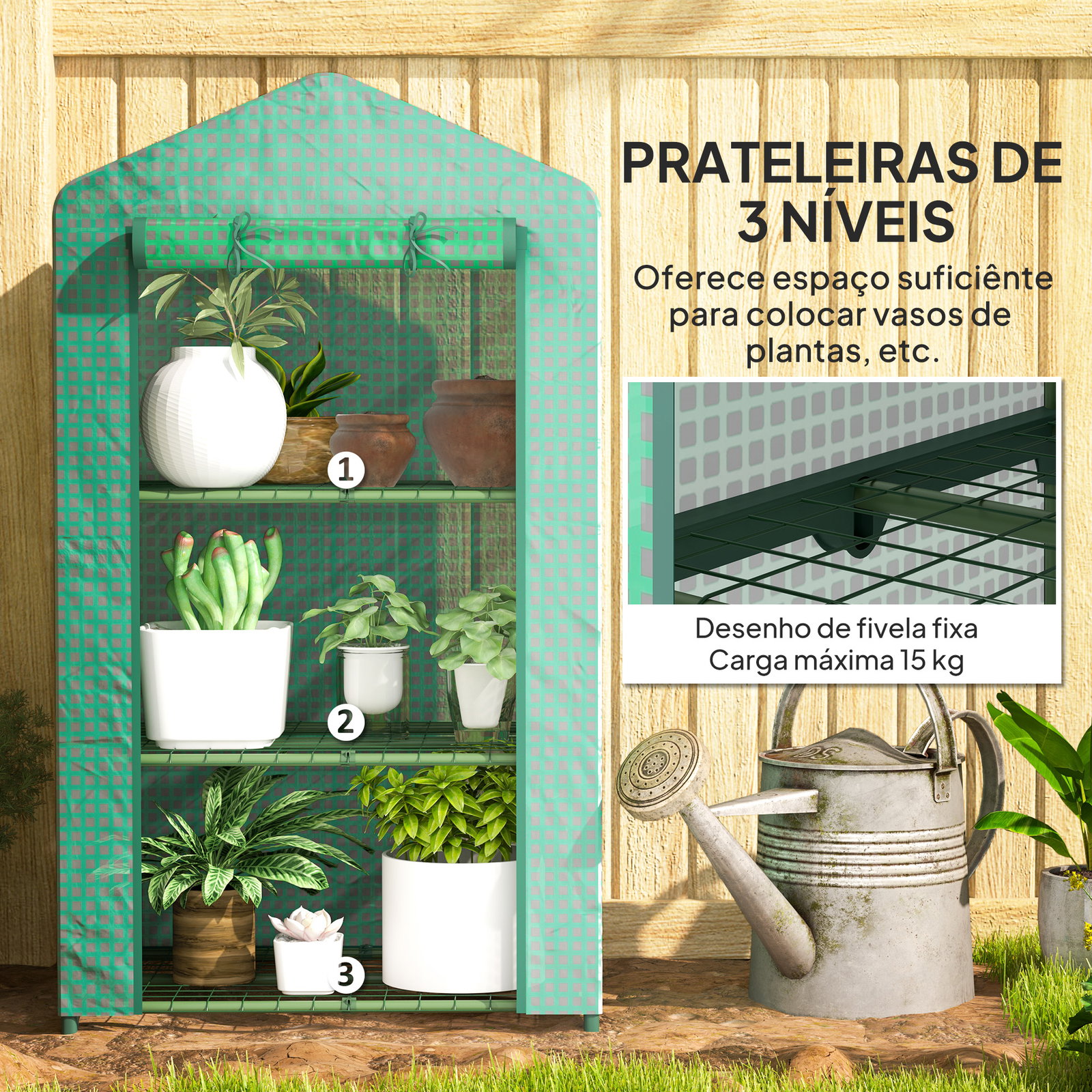 Estufa de jardim de 3 níveis porta enrolável estrutura metálica cobertura de PE anti-UV 69x49x125 cm verde