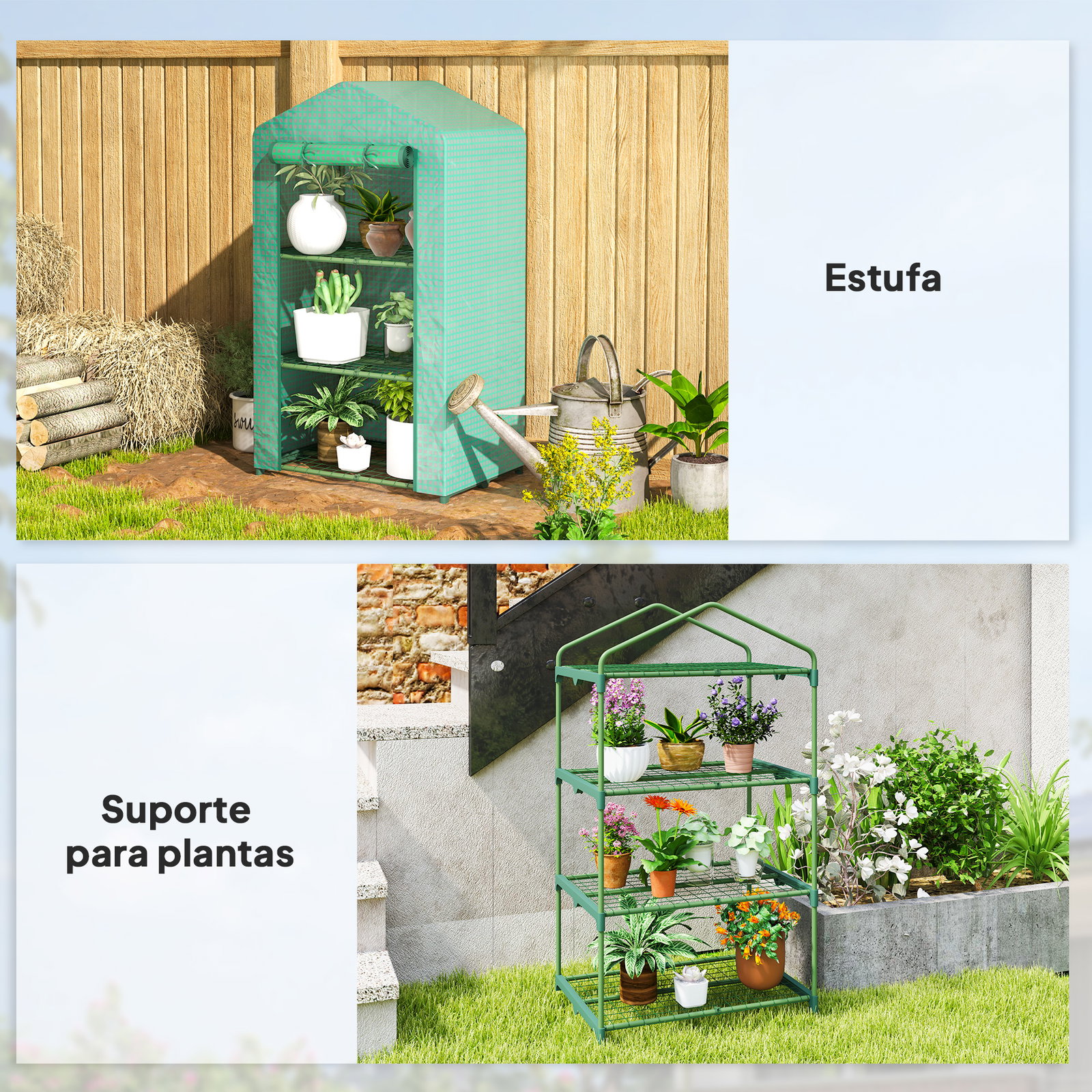 Estufa de jardim de 3 níveis porta enrolável estrutura metálica cobertura de PE anti-UV 69x49x125 cm verde