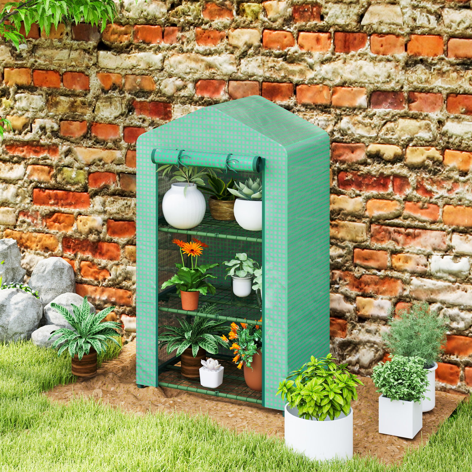 Estufa de jardim de 3 níveis porta enrolável estrutura metálica cobertura de PE anti-UV 69x49x125 cm verde