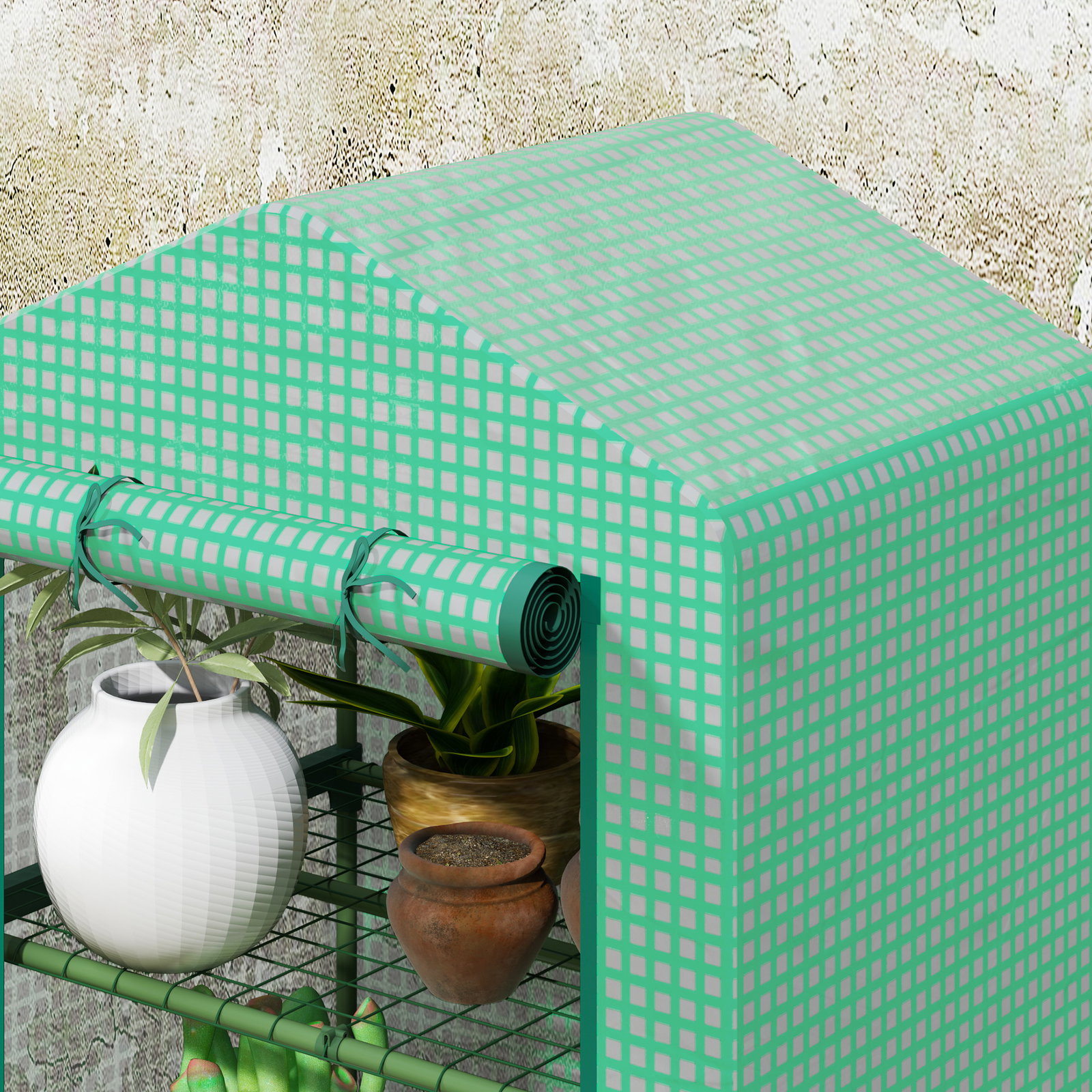 Estufa de jardim de 3 níveis porta enrolável estrutura metálica cobertura de PE anti-UV 69x49x125 cm verde