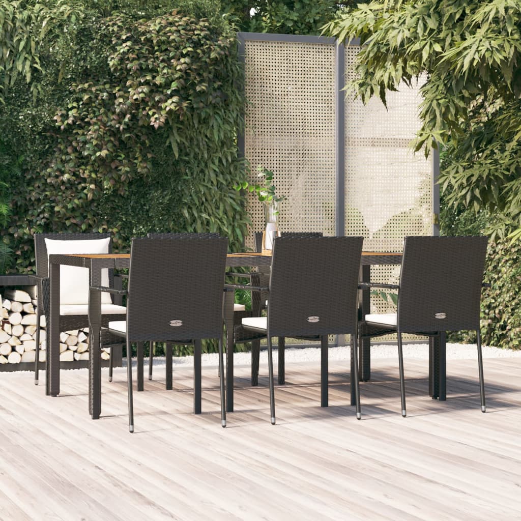 7 Pcs conjunto de jantar p/ jardim c/ almofadões vime PE preto