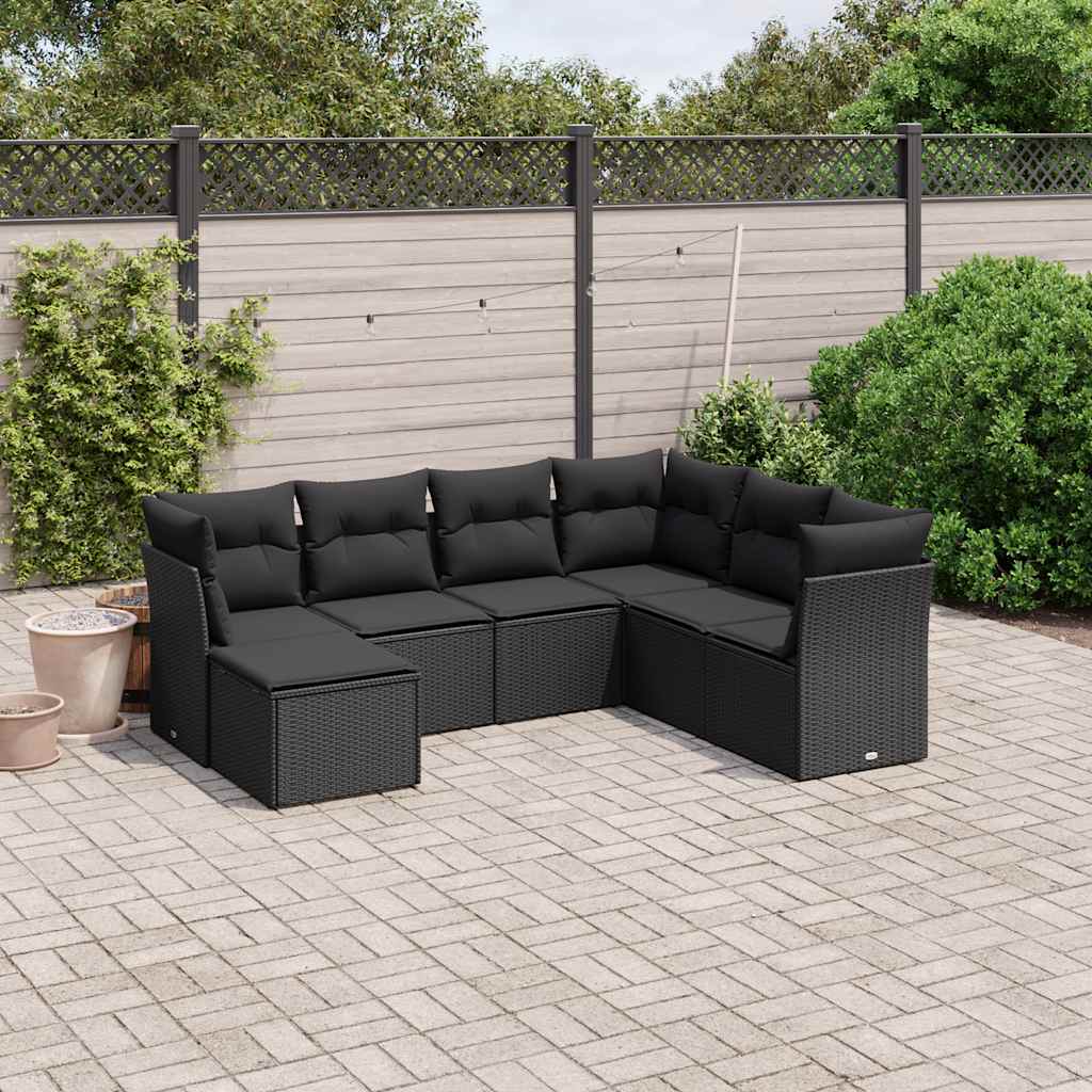 7 Pcs conjunto de sofás p/ jardim c/ almofadões vime PE preto
