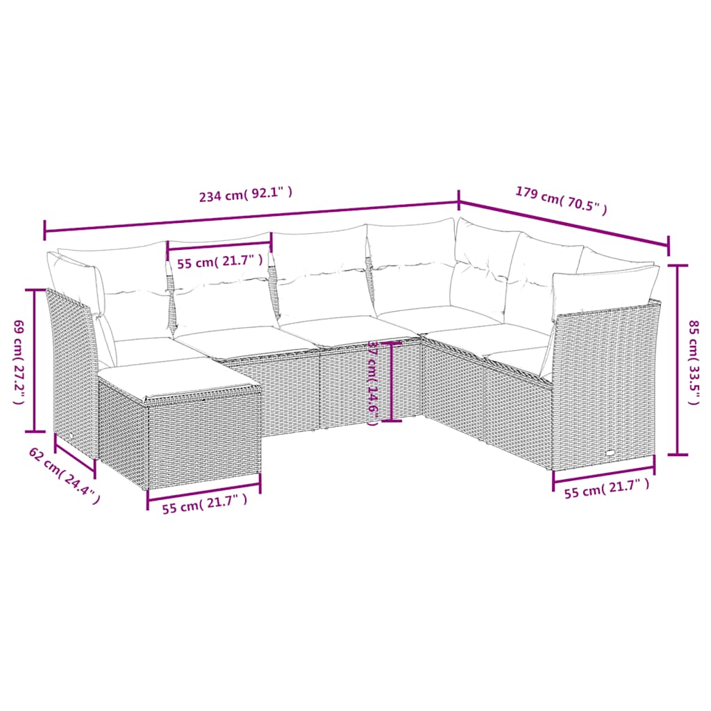 7 Pcs conjunto de sofás p/ jardim c/ almofadões vime PE preto