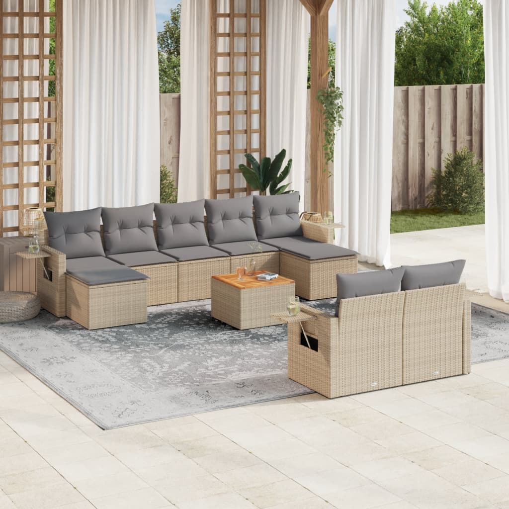 10 Pcs conjunto de sofás p/ jardim com almofadões vime PE bege