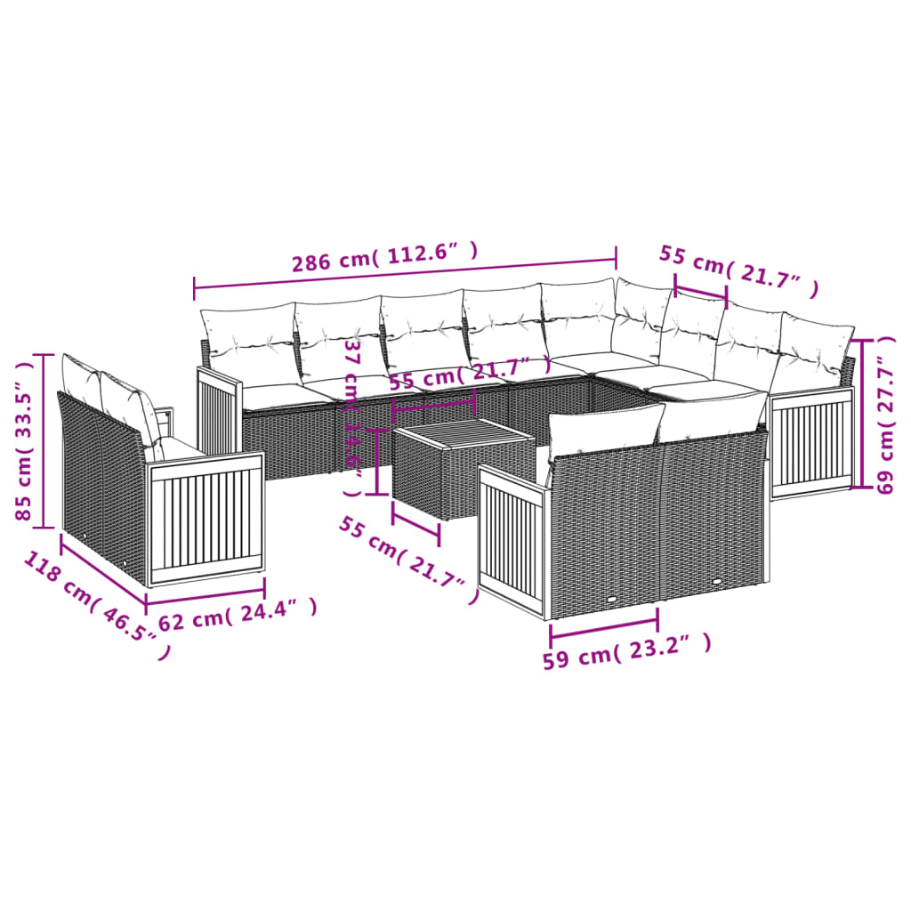 13 Pcs conjunto sofás p/ jardim c/ almofadões vime PE cinzento