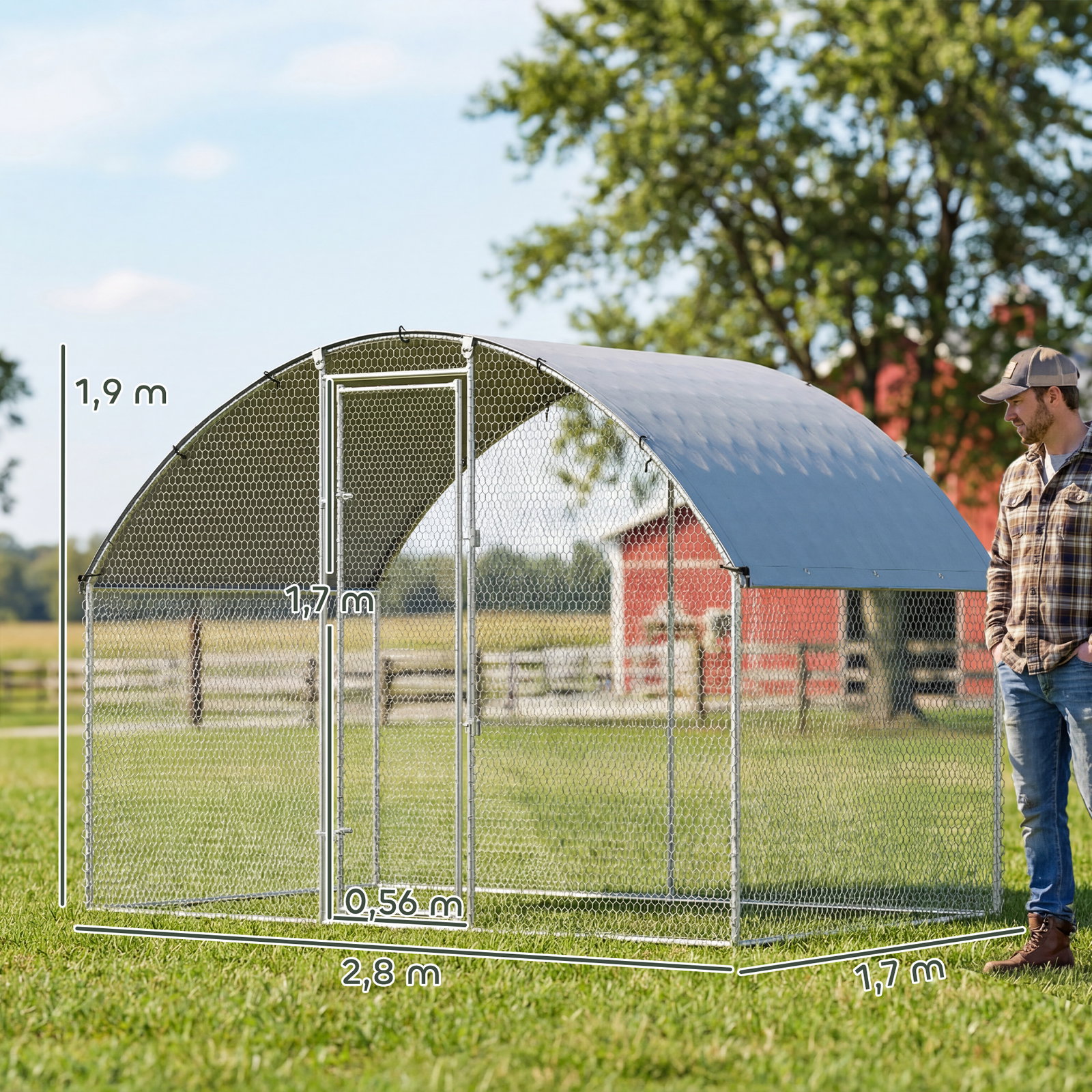 Galinheiro para exterior 2,8x1,7x1,9 m cobertura em tecido oxford anti-UV impermeável fechos para 5-8 galinhas prata