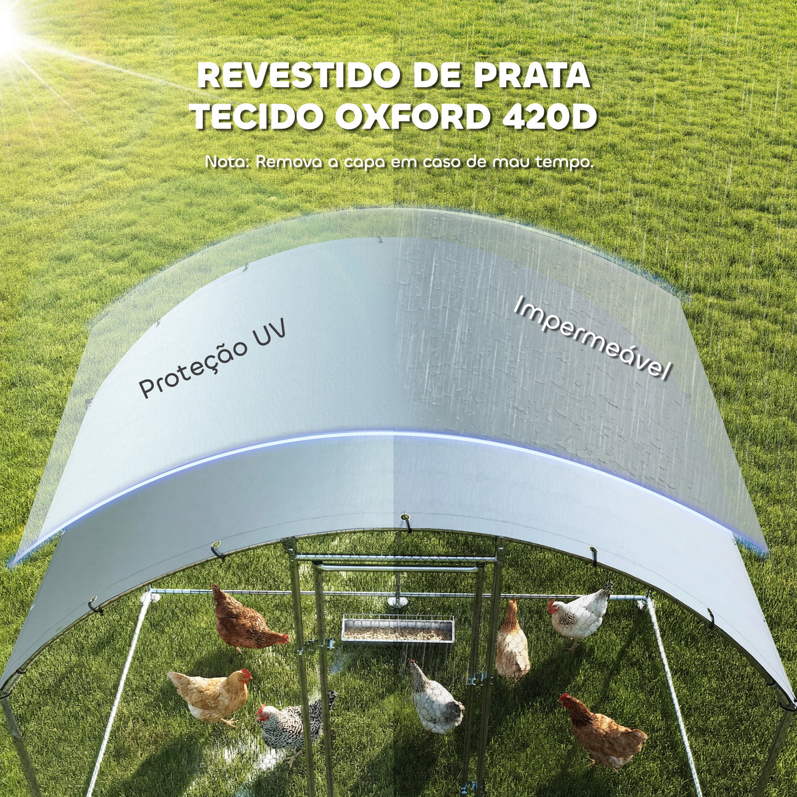 Galinheiro para exterior 2,8x1,7x1,9 m cobertura em tecido oxford anti-UV impermeável fechos para 5-8 galinhas prata