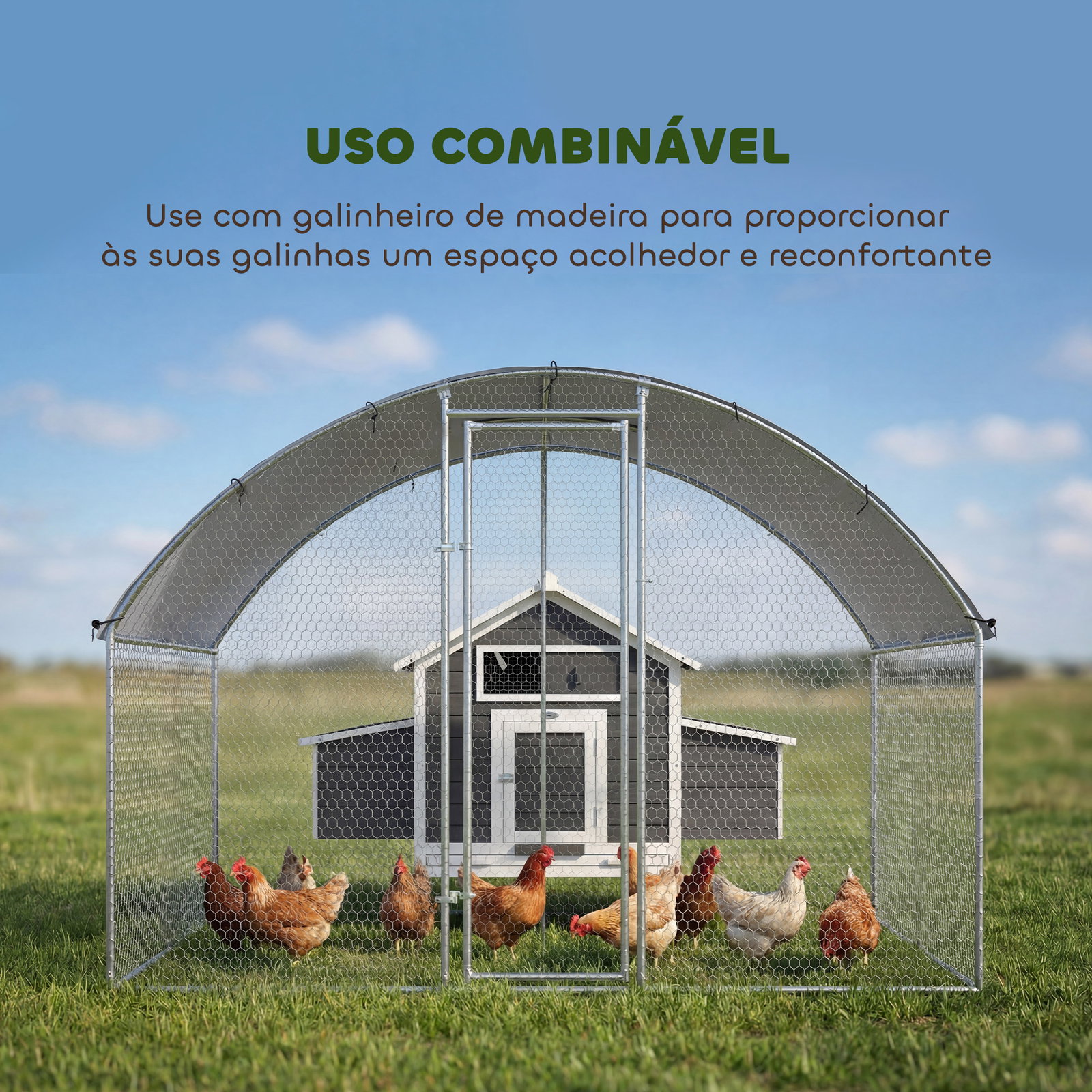 Galinheiro para exterior 2,8x1,7x1,9 m cobertura em tecido oxford anti-UV impermeável fechos para 5-8 galinhas prata