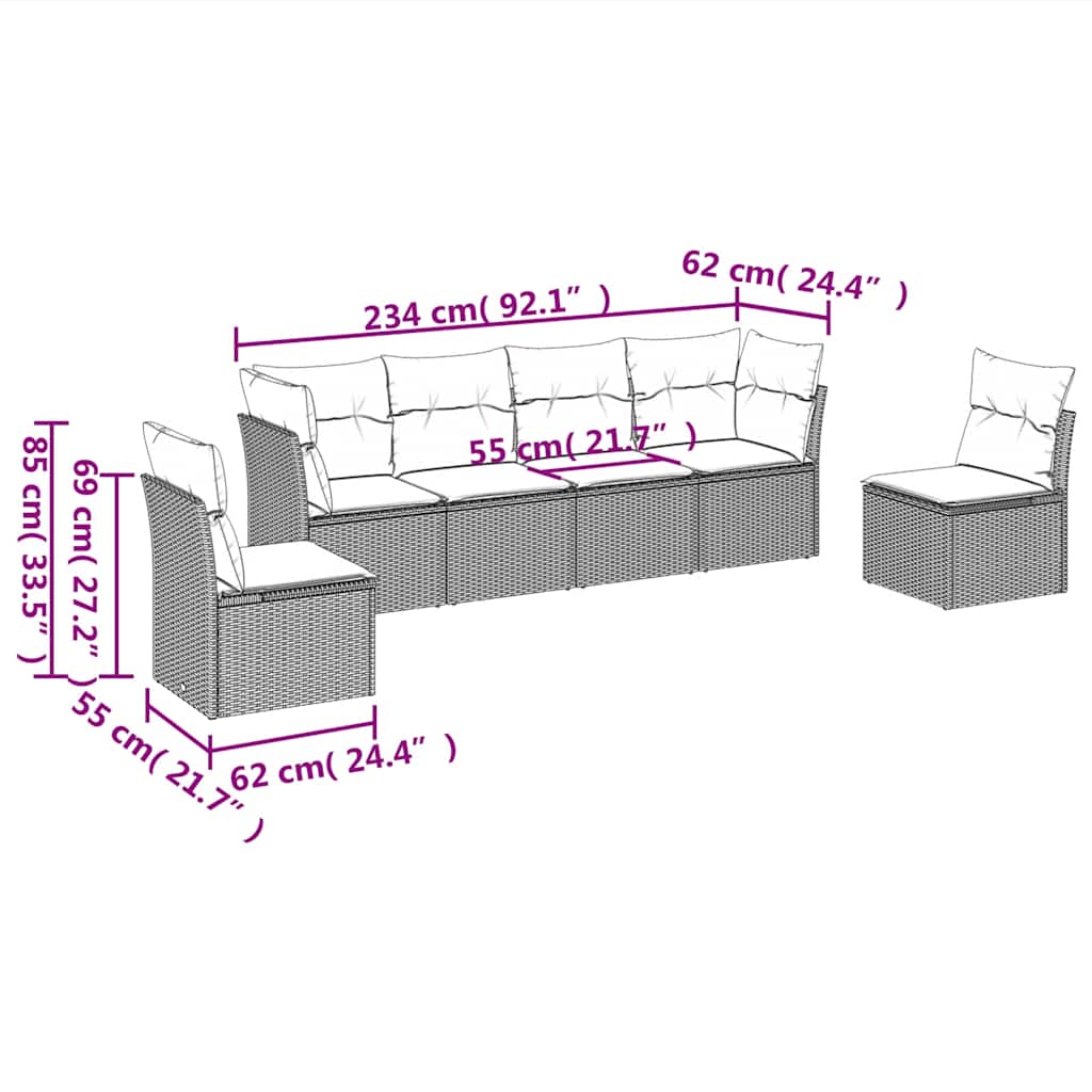 6 Pcs conjunto sofás de jardim c/ almofadões vime PE preto