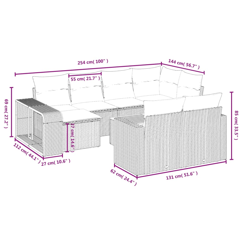 11 Pcs conjunto sofás de jardim c/ almofadões vime PE cinzento