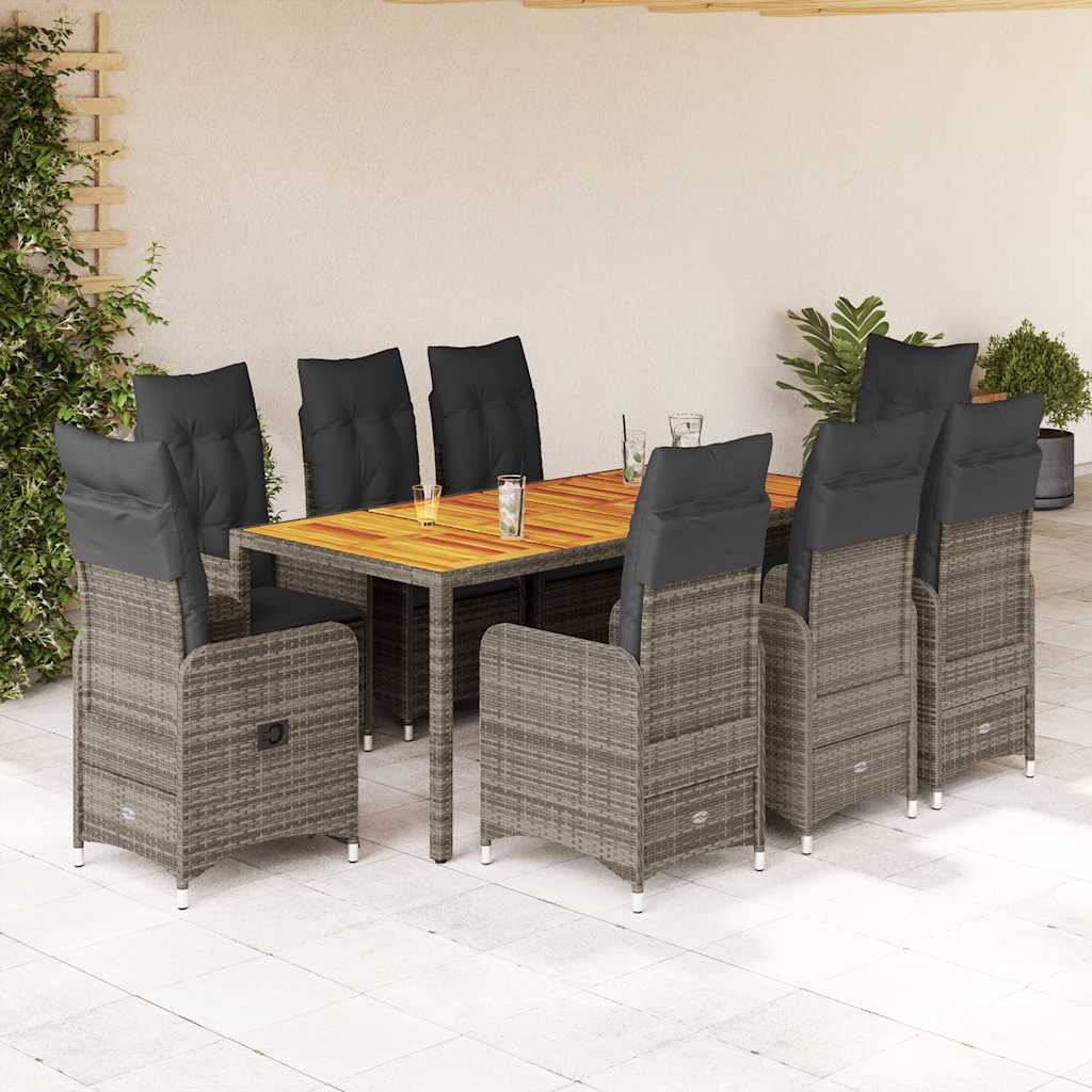 9 Pcs conjunto bistrô de jardim c/ almofadões vime PE cinzento
