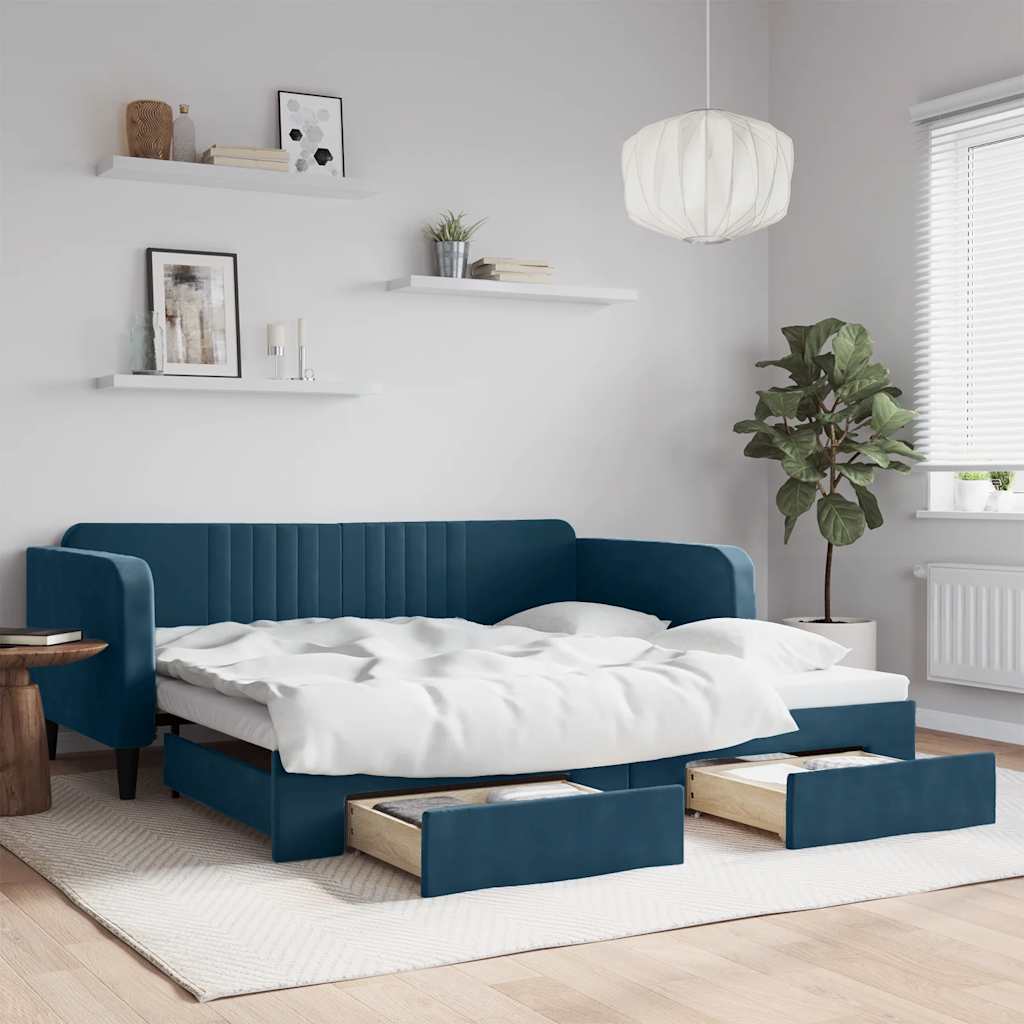 Sofá-cama com gavetão e gavetas 100x200 cm veludo azul