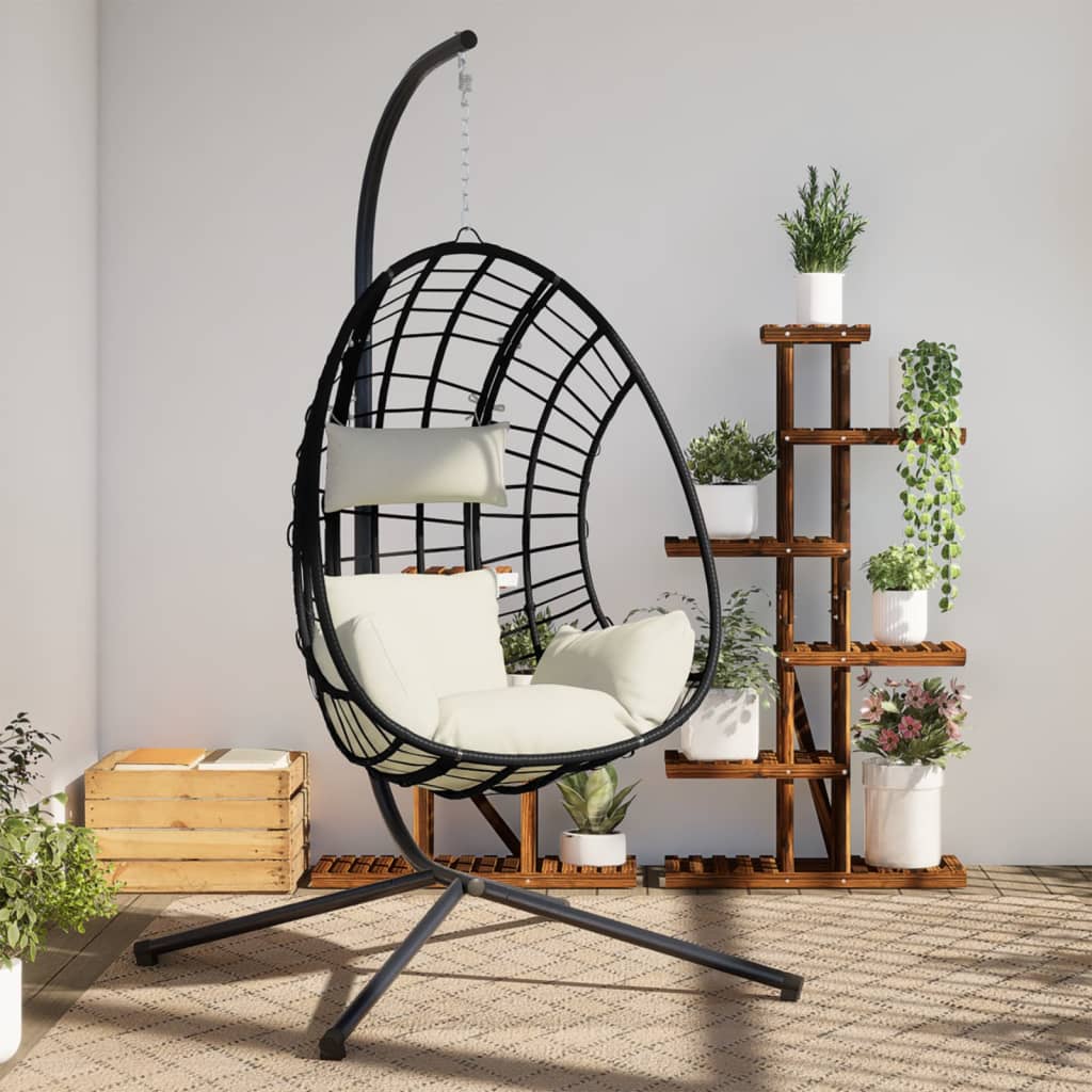 Cadeira em forma de ovo suspensa com suporte vime/aço bege