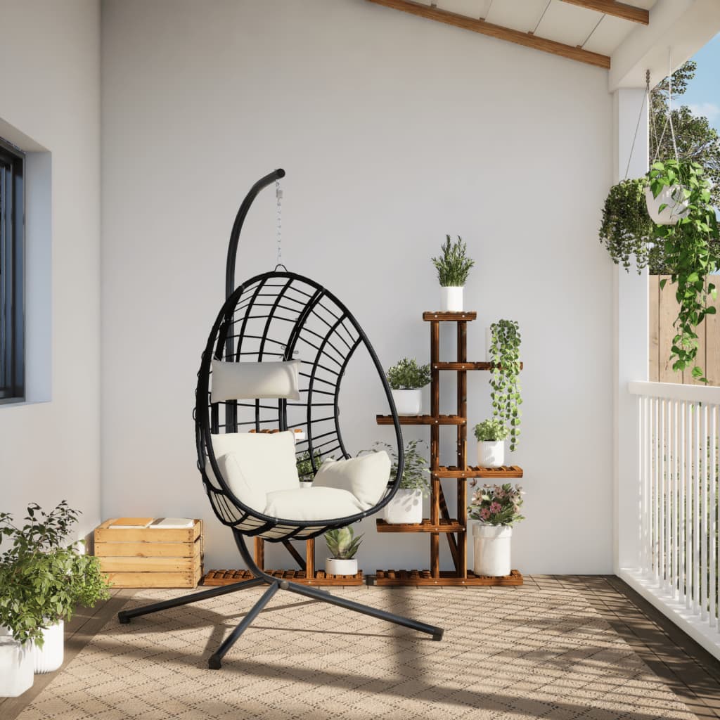 Cadeira em forma de ovo suspensa com suporte vime/aço bege