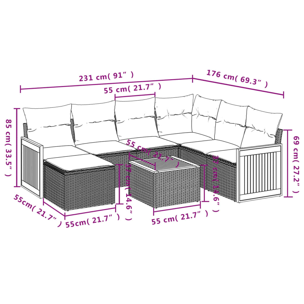 8 Pcs conjunto de sofás p/ jardim com almofadões vime PE bege