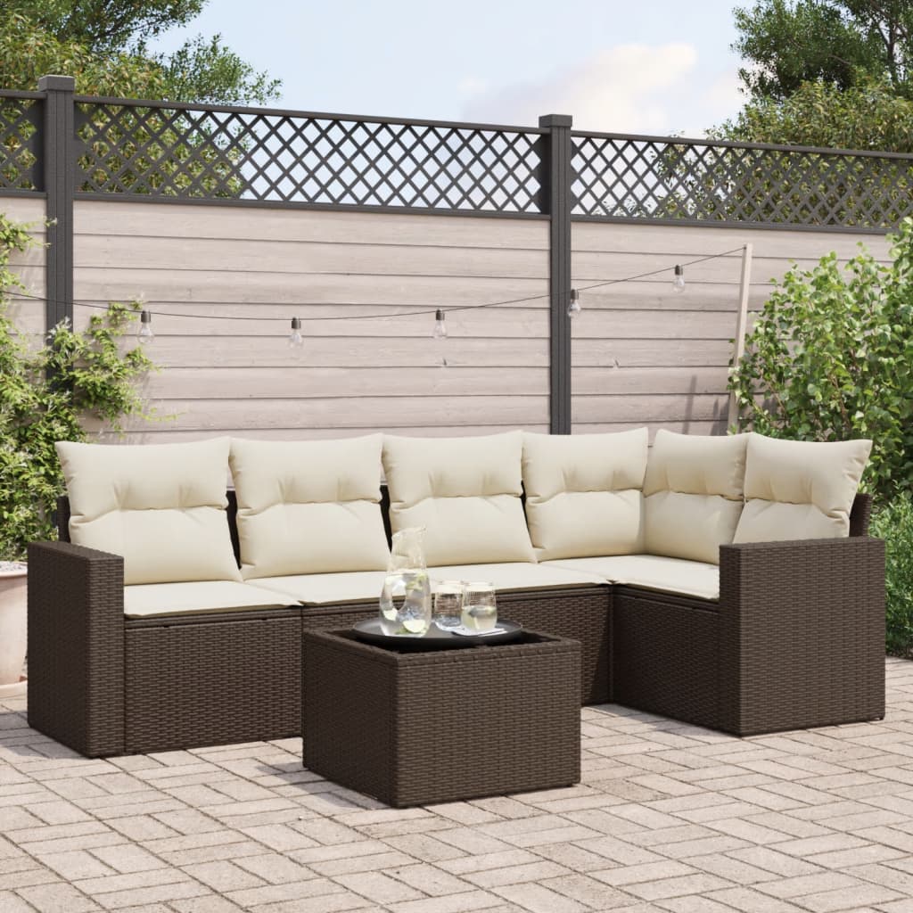 6 Pcs conjunto de sofás jardim c/ almofadões vime PE castanho