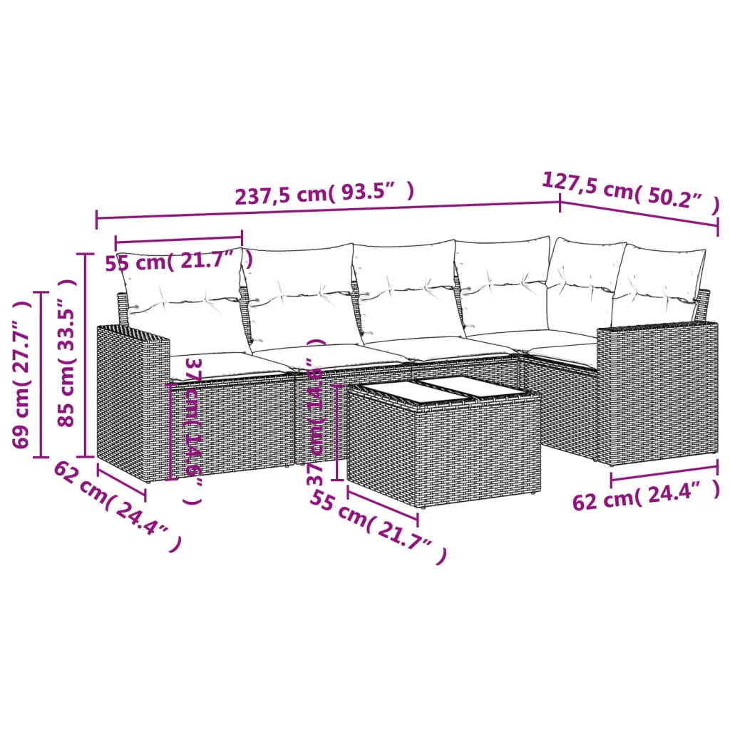 6 Pcs conjunto de sofás jardim c/ almofadões vime PE castanho