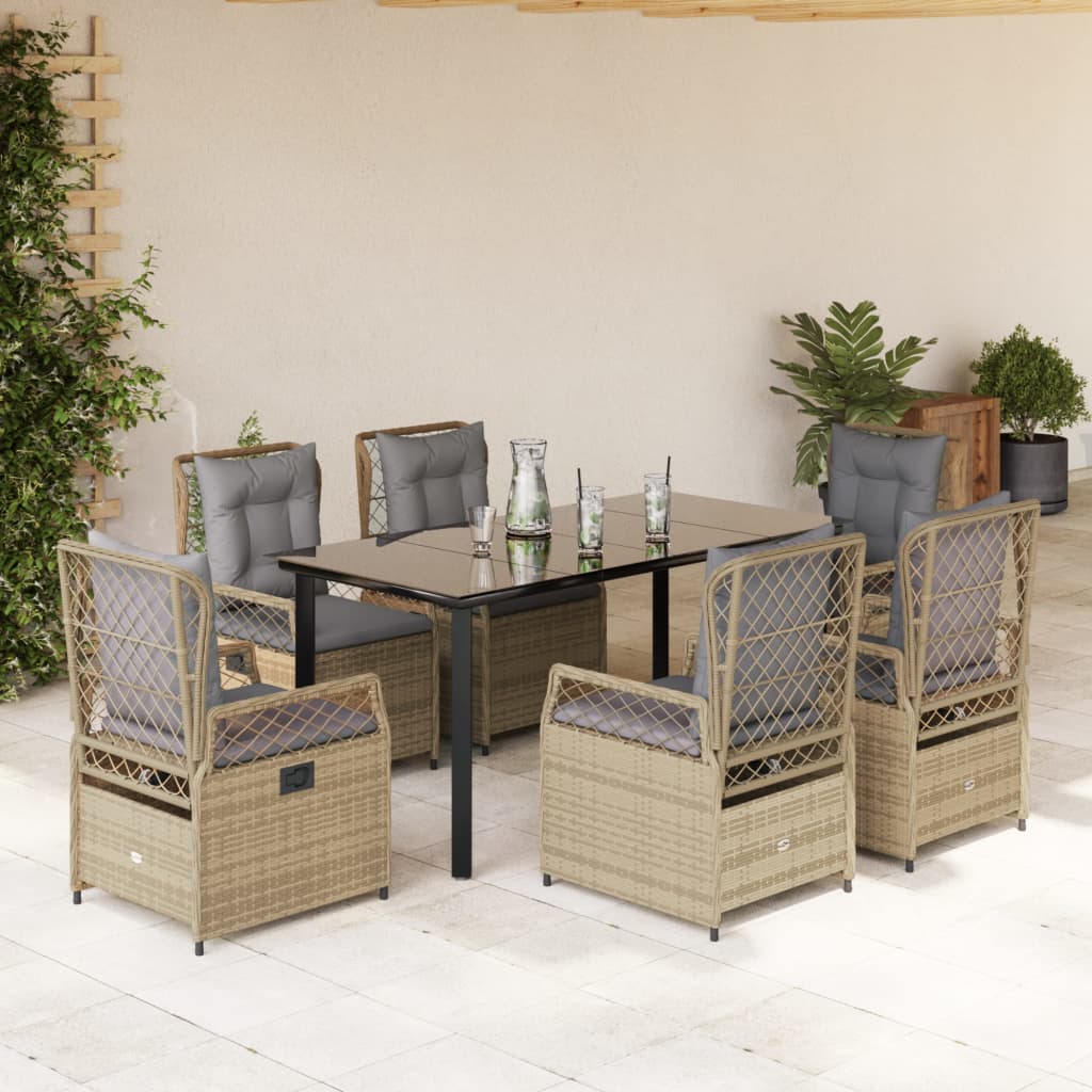 7 Pcs conjunto de jantar p/ jardim com almofadões vime PE bege
