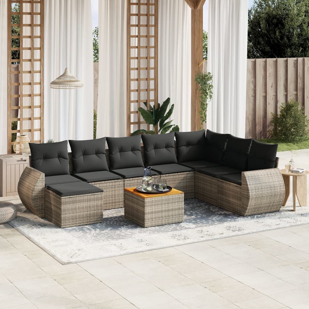 9 Pcs conjunto sofás p/ jardim com almofadões vime PE cinzento