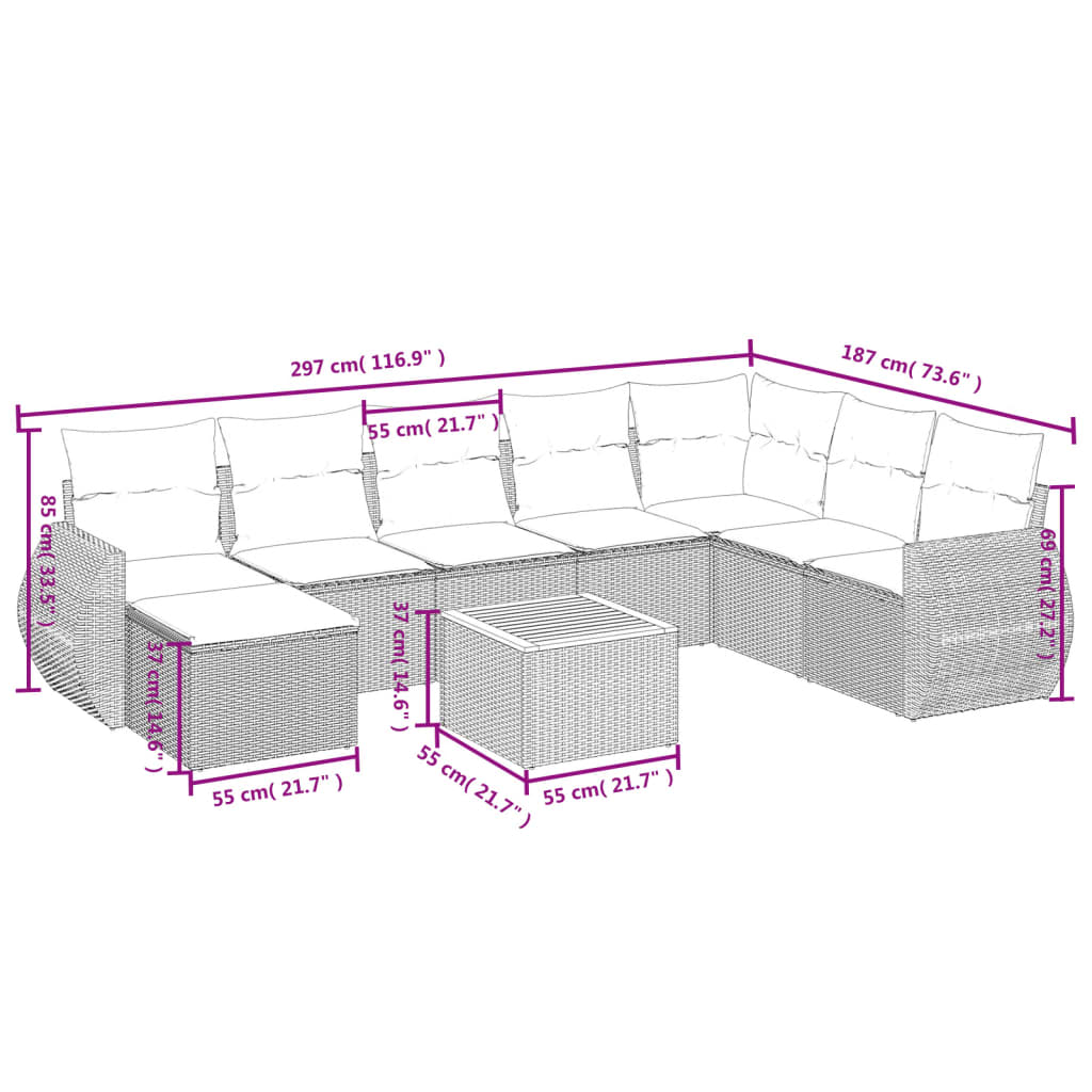 9 Pcs conjunto sofás p/ jardim com almofadões vime PE cinzento
