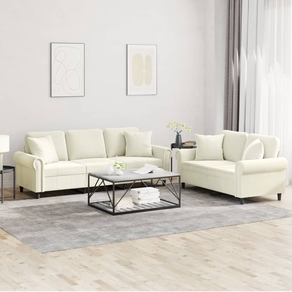 2 Pcs conjunto de sofás com almofadas veludo cor creme