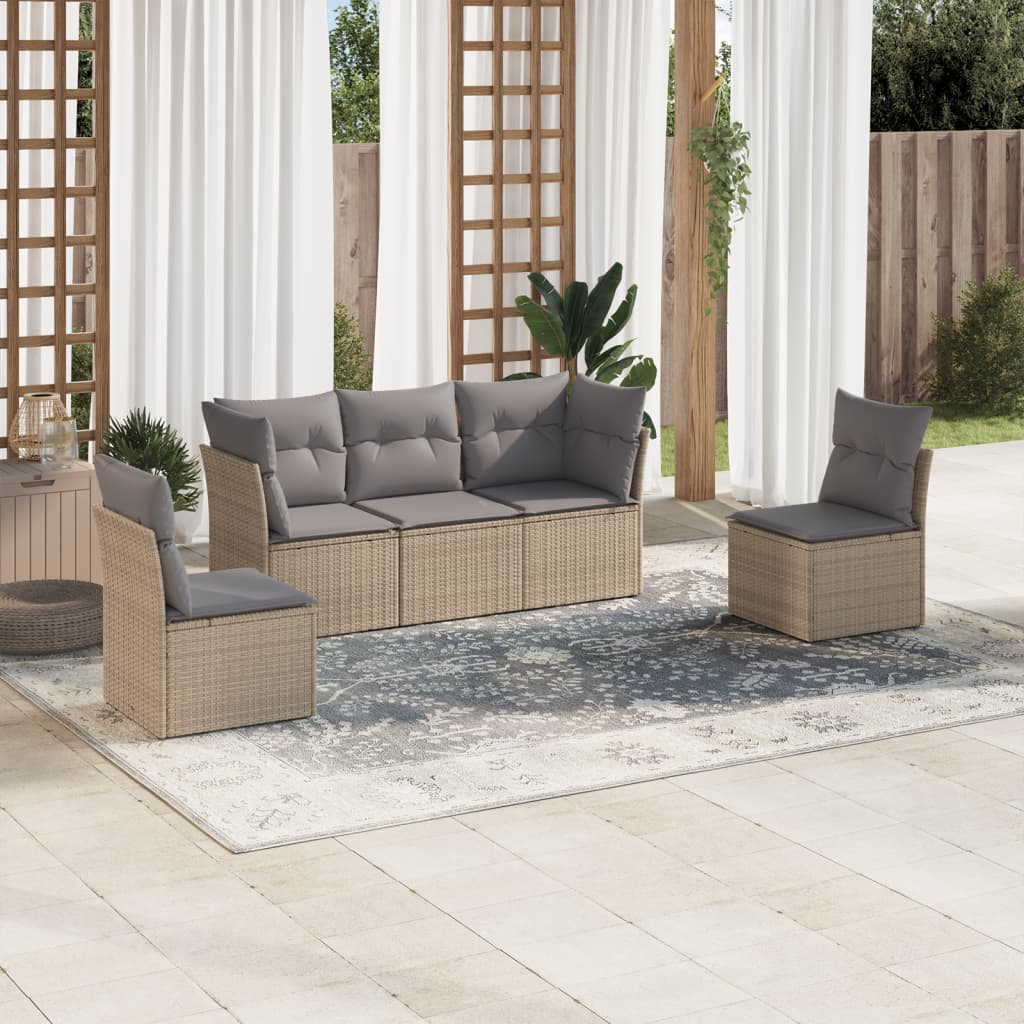 5 Pcs conjunto de sofás p/ jardim com almofadões vime PE bege