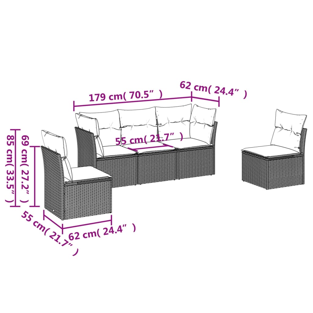 5 Pcs conjunto de sofás p/ jardim com almofadões vime PE bege
