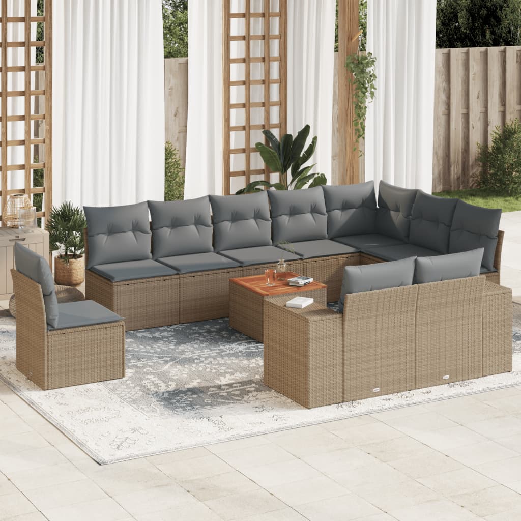11 Pcs conjunto sofás de jardim c/ almofadões vime PE bege