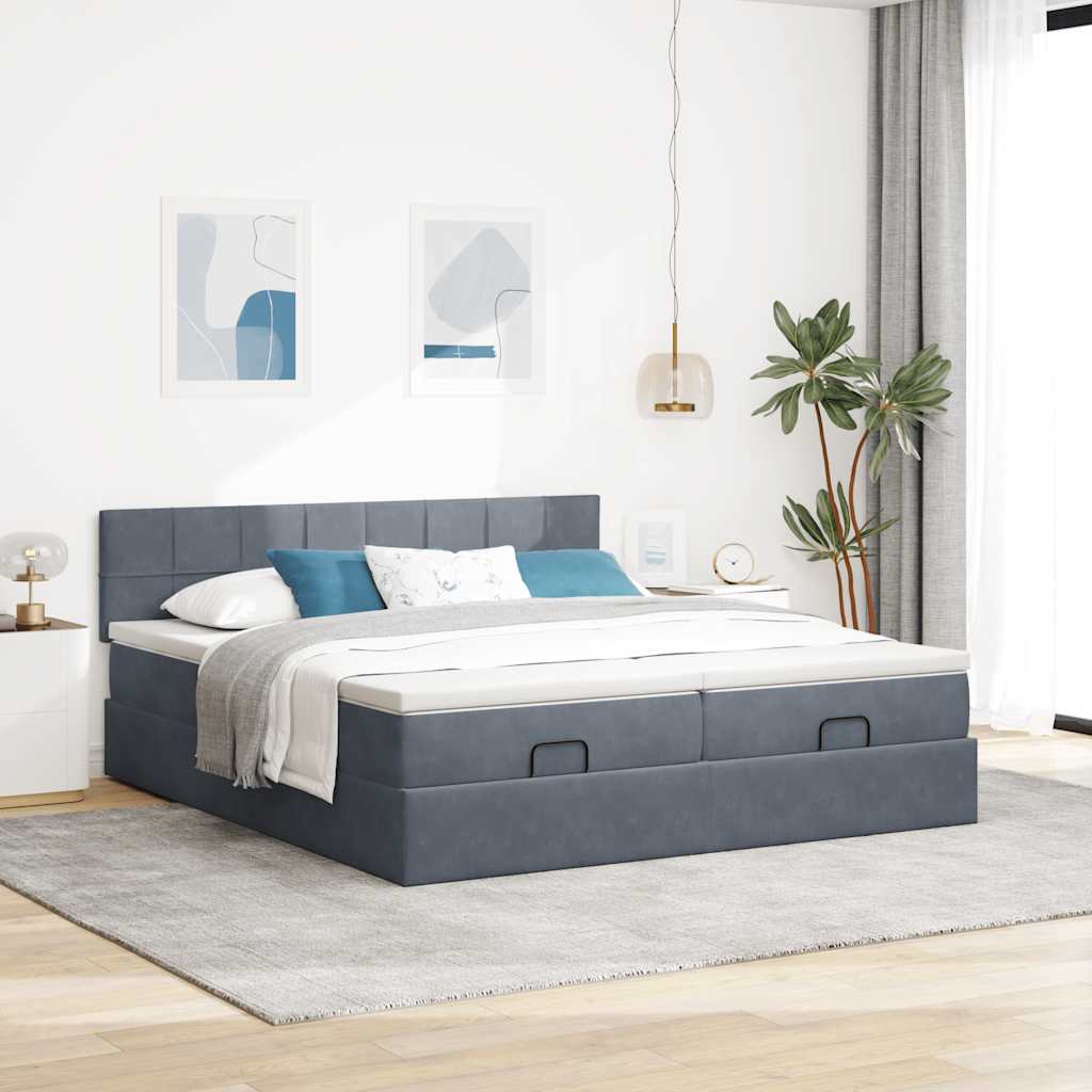 Moldura de cama otomana com colchão cinza escuro veludo