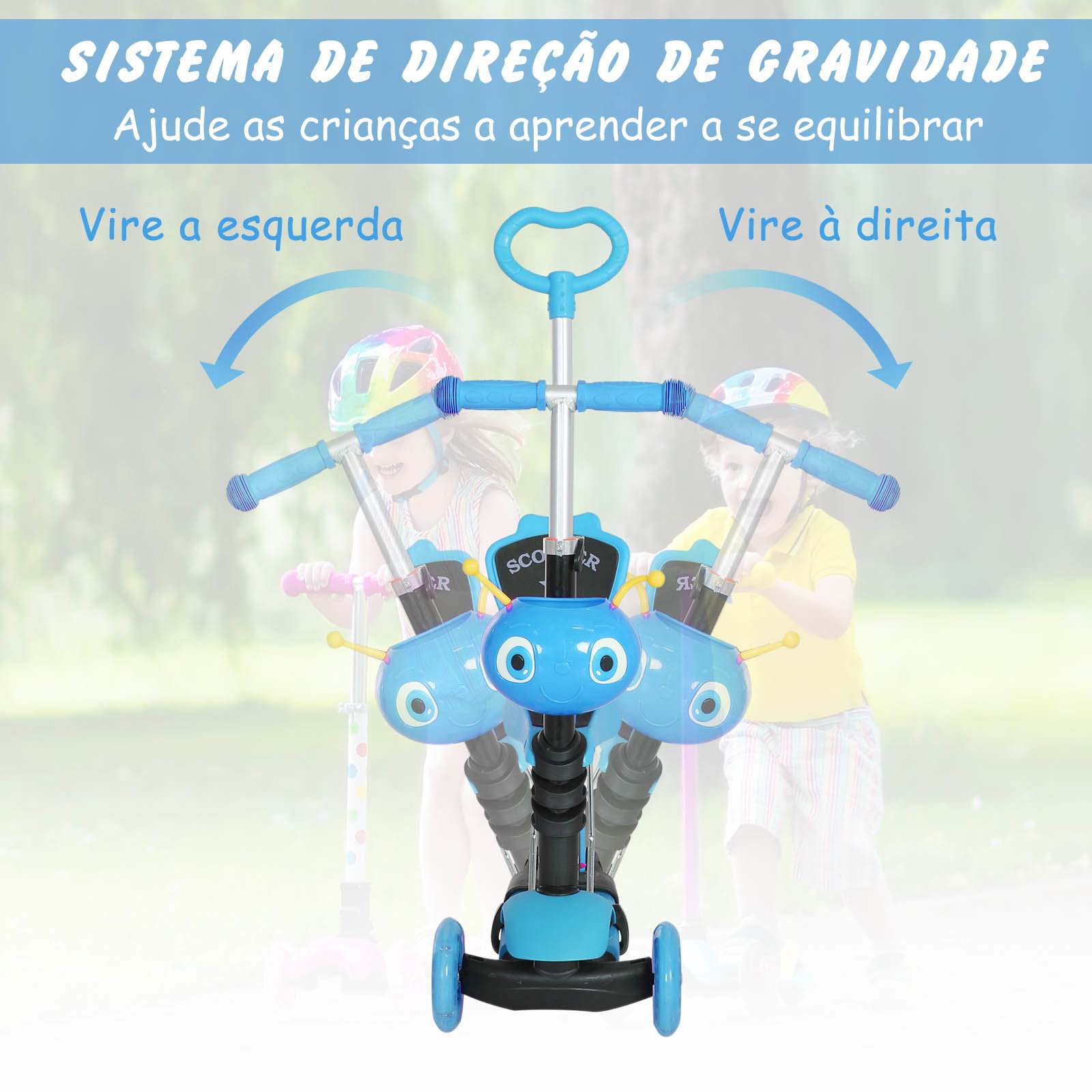 Trotinete 5 em 1 para Crianças com 3 Rodas Assento Removível e Guiador Ajustável Carga Máxima 50 kg 62x25x72,5 cm Azul