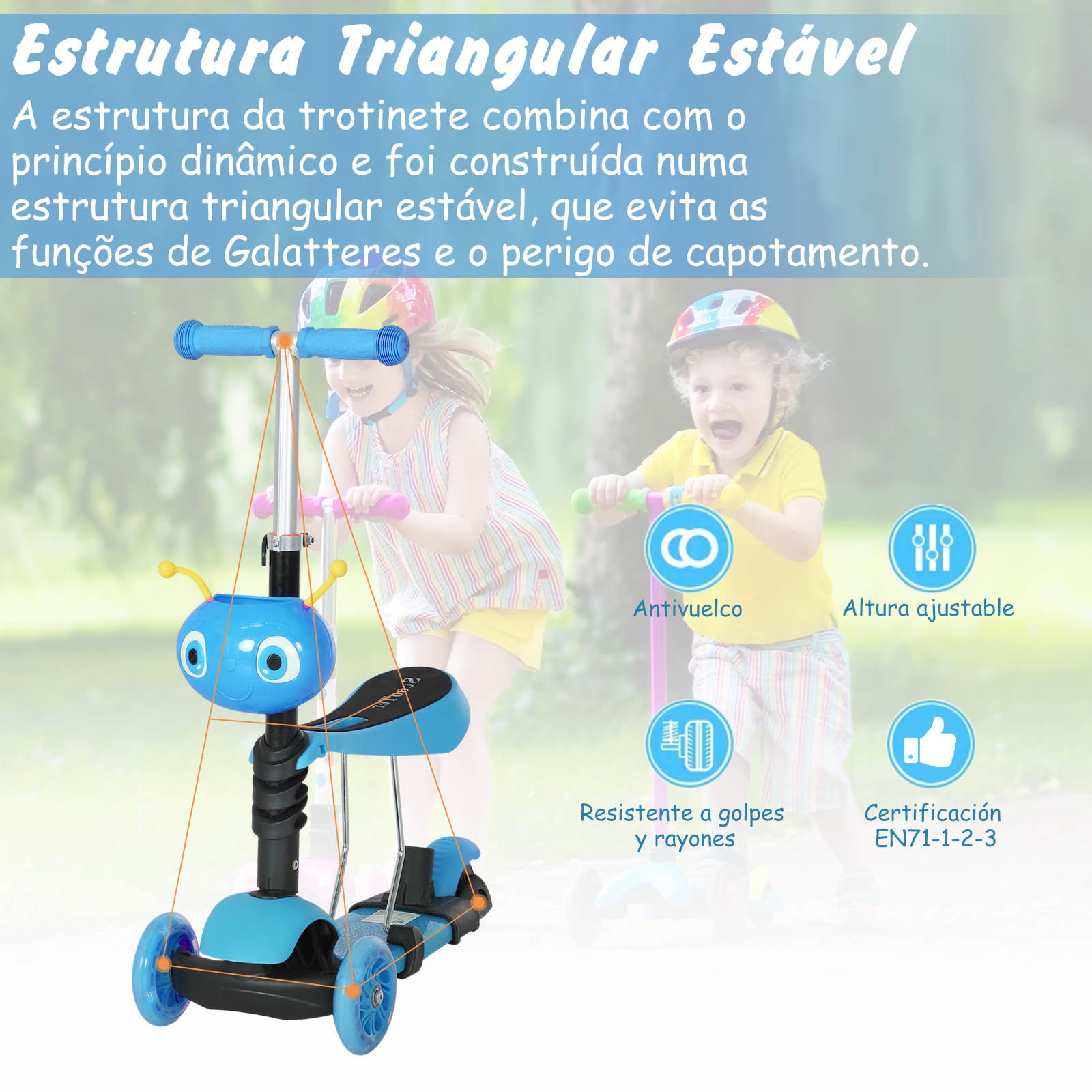 Trotinete 5 em 1 para Crianças com 3 Rodas Assento Removível e Guiador Ajustável Carga Máxima 50 kg 62x25x72,5 cm Azul