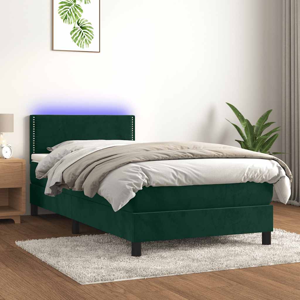Cama box spring c/ colchão/LED 80x200 cm veludo verde-escuro