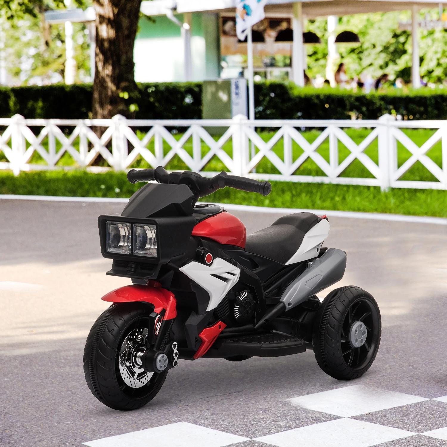 Motocicleta elétrica infantil com 3 rodas para crianças acima de 3 anos triciclo com pedal para crianças bateria 6v com luzes música pneus largos 86x42x52cm vermelho e preto