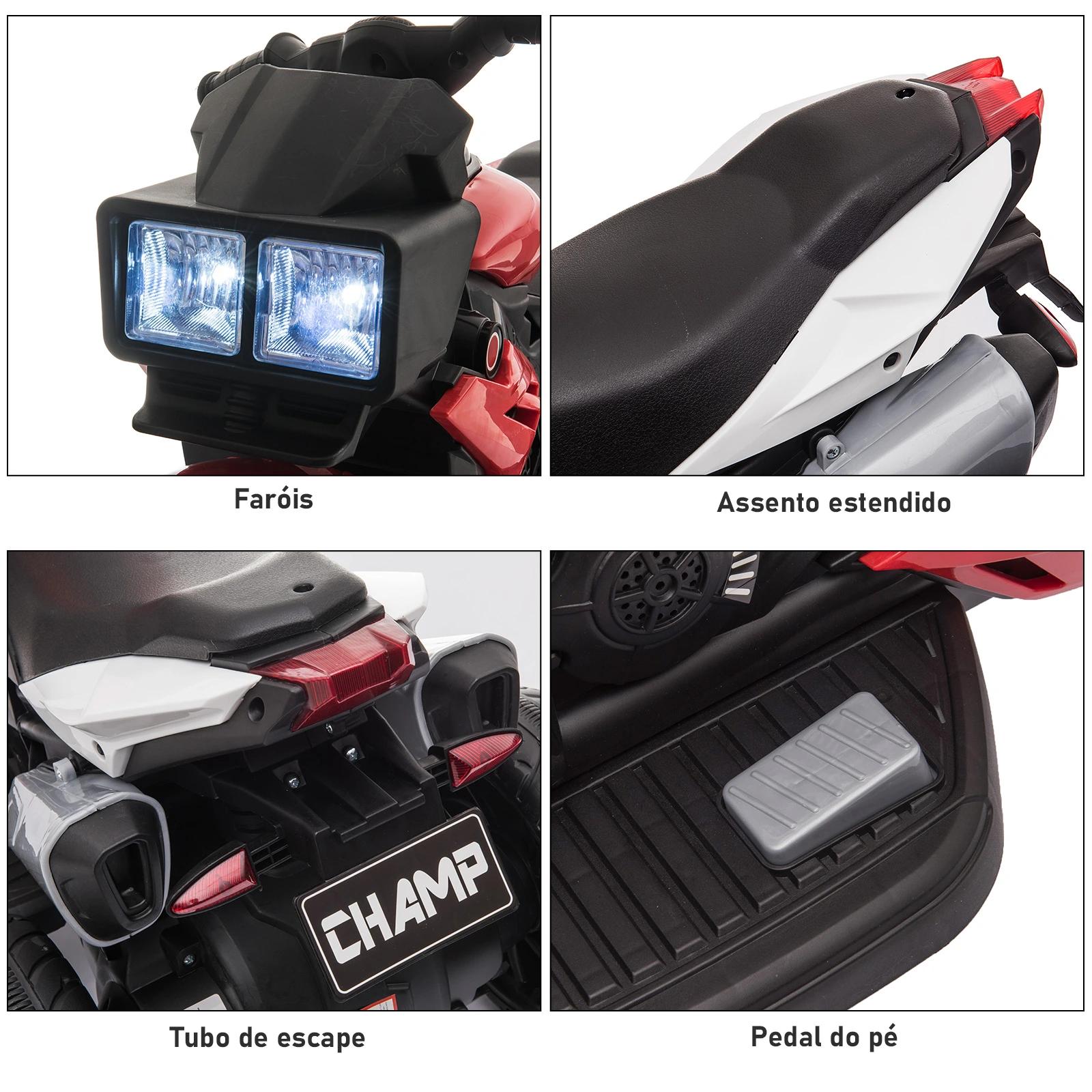 Motocicleta elétrica infantil com 3 rodas para crianças acima de 3 anos triciclo com pedal para crianças bateria 6v com luzes música pneus largos 86x42x52cm vermelho e preto