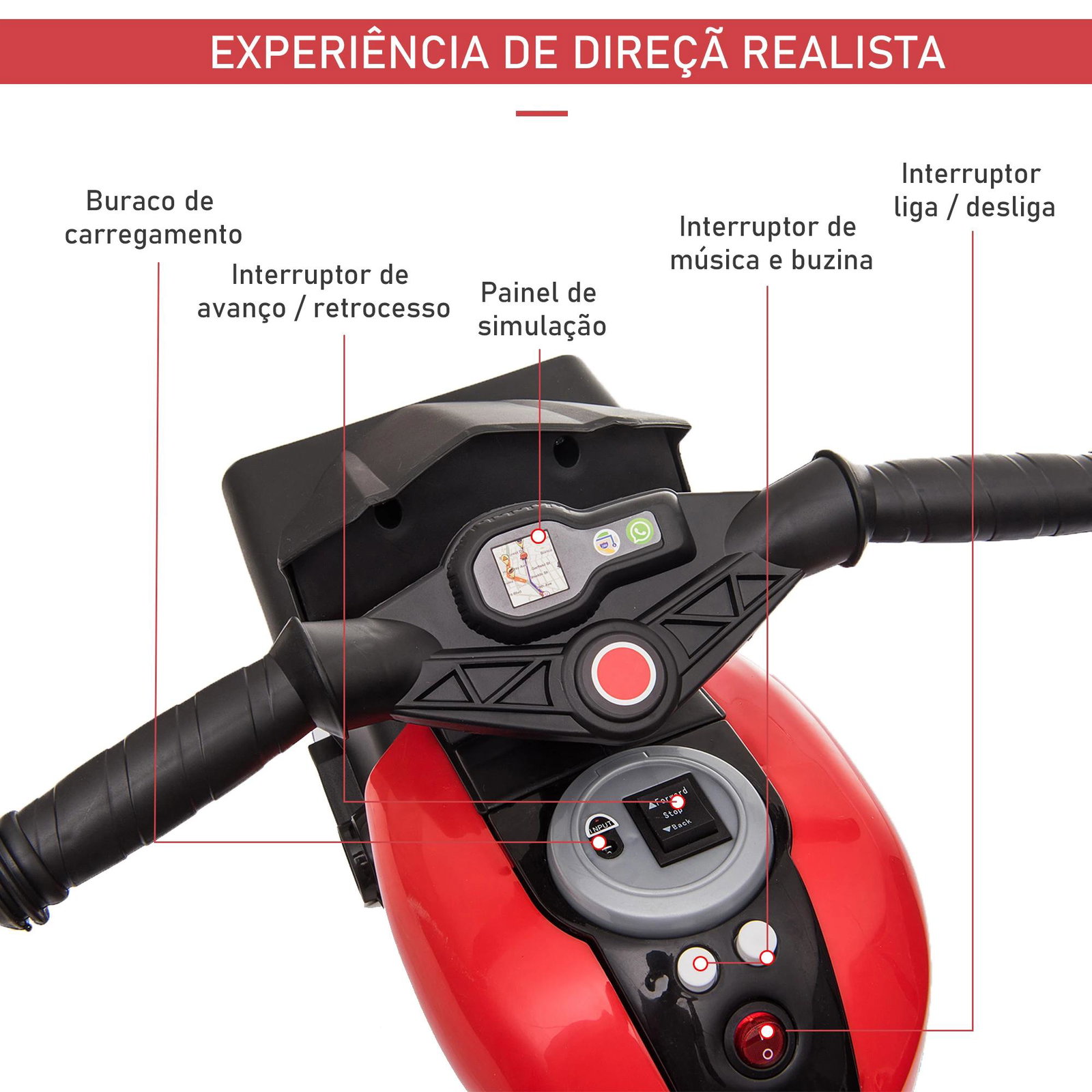 Motocicleta elétrica infantil com 3 rodas para crianças acima de 3 anos triciclo com pedal para crianças bateria 6v com luzes música pneus largos 86x42x52cm vermelho e preto