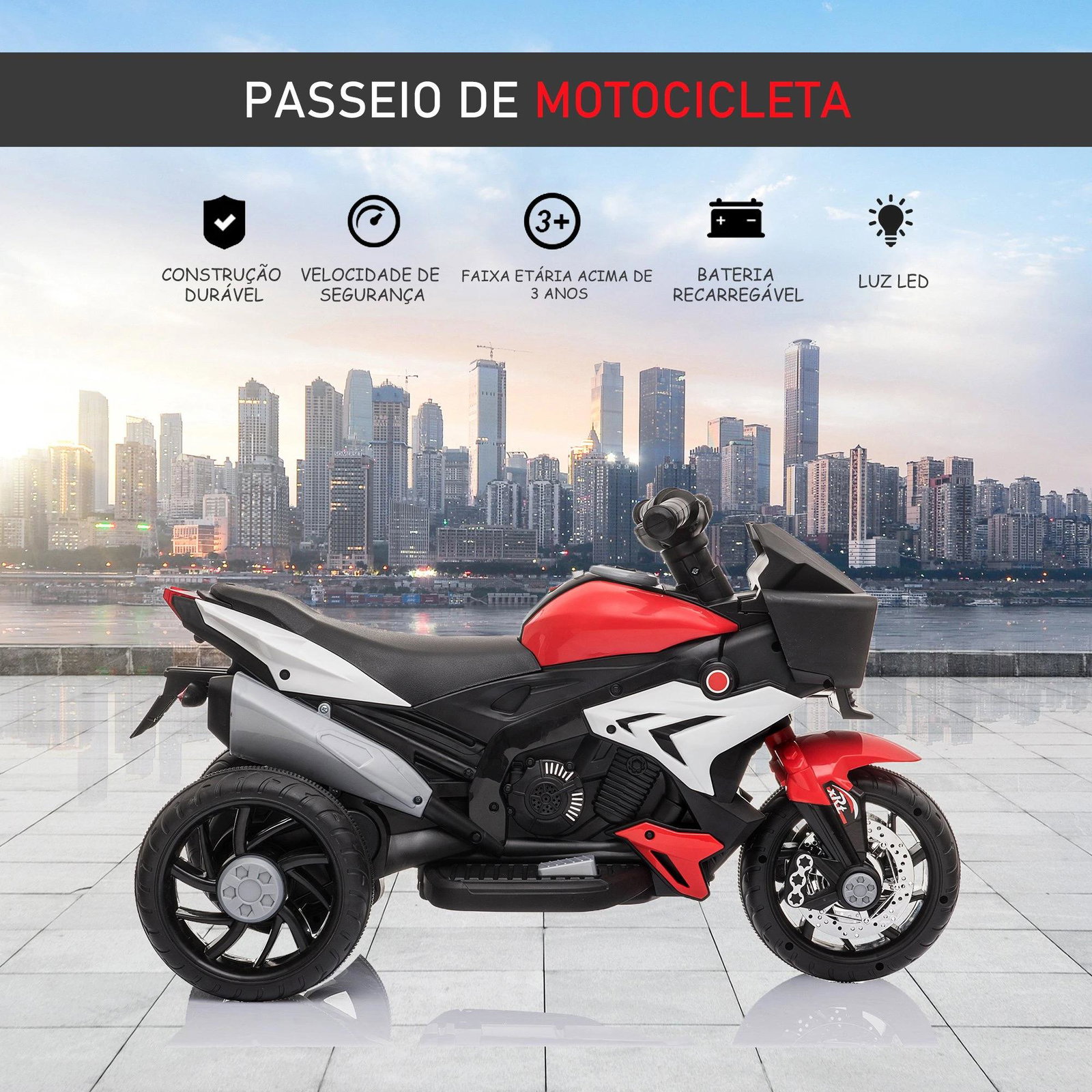 Motocicleta elétrica infantil com 3 rodas para crianças acima de 3 anos triciclo com pedal para crianças bateria 6v com luzes música pneus largos 86x42x52cm vermelho e preto