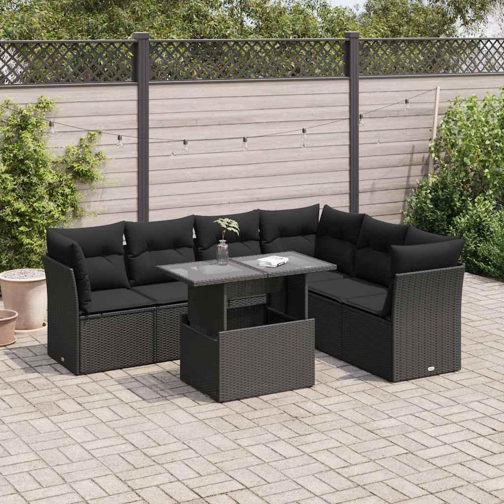 7 Pcs conjunto de sofás p/ jardim c/ almofadões vime PE preto