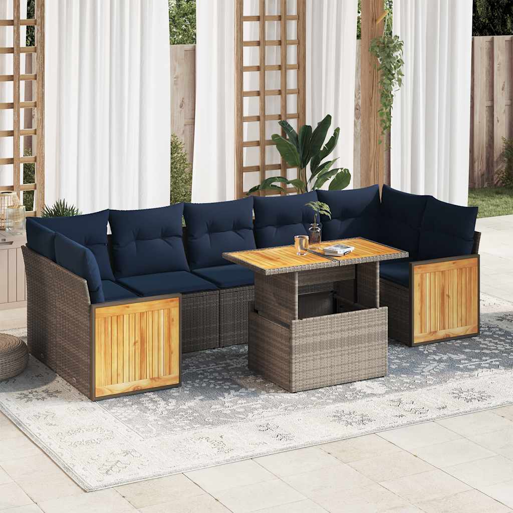 8 Pcs conjunto sofás jardim almofadões vime PE/acácia cinzento