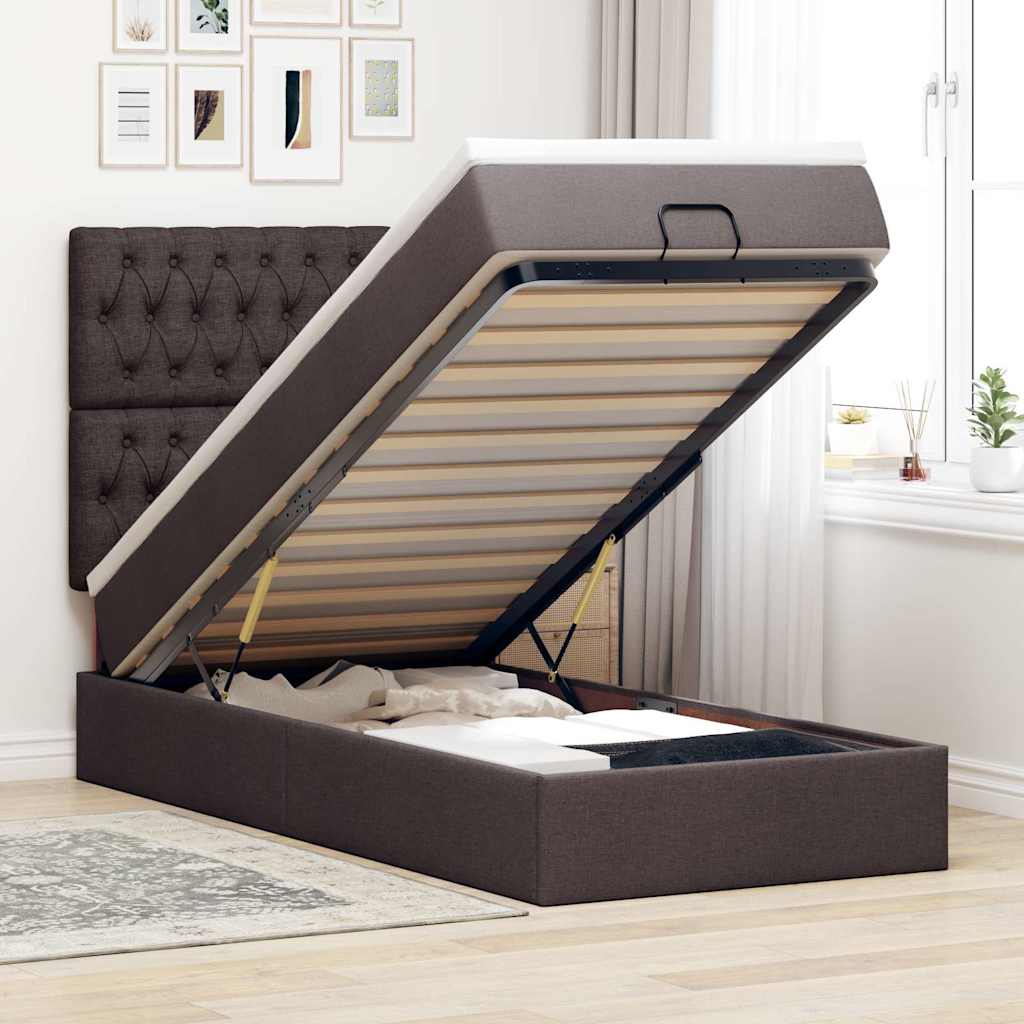 Estrutura cama otomana colchão 90x190 cm tecido castanho escuro