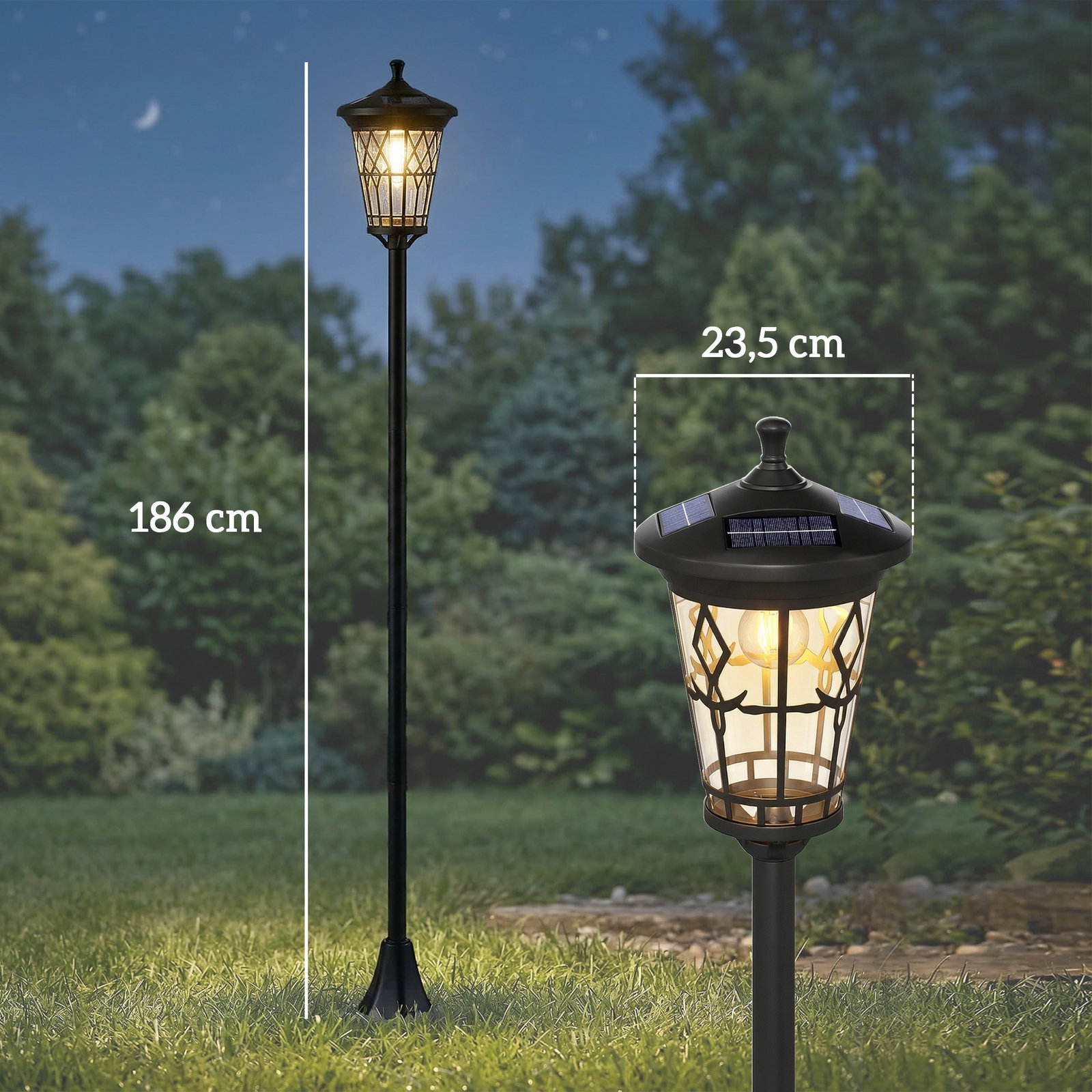 Conjunto de 2 candeeiros solares de jardim com altura ajustável, 2 modos de brilho e IP44 impermeável para terraço e pátio, preto