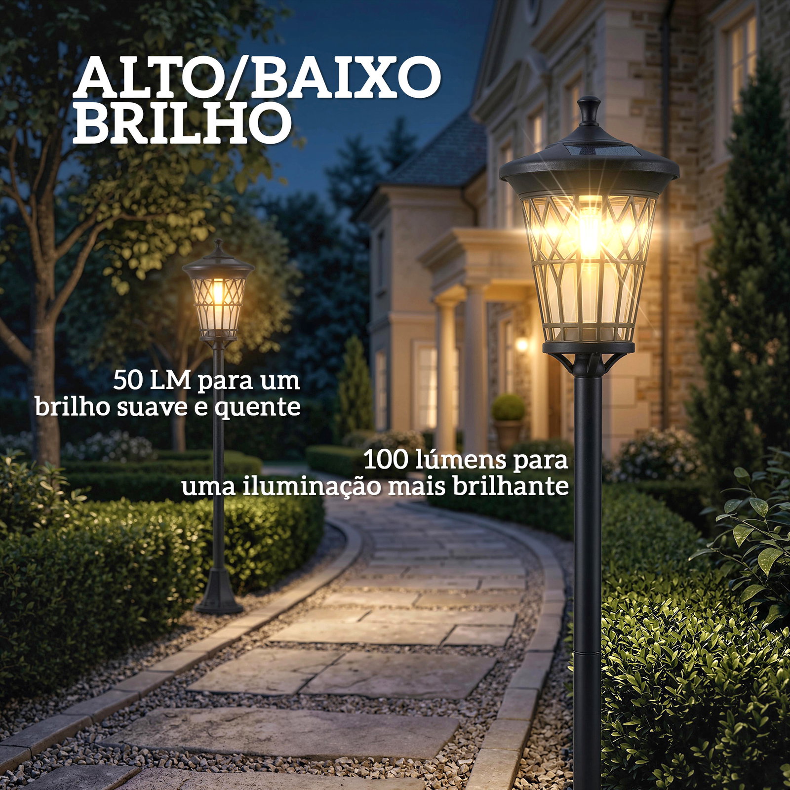 Conjunto de 2 candeeiros solares de jardim com altura ajustável, 2 modos de brilho e IP44 impermeável para terraço e pátio, preto